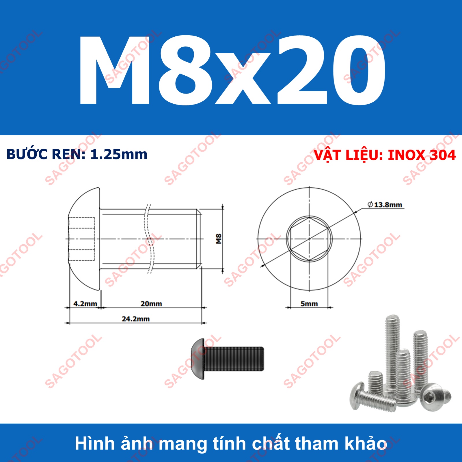 Ốc vít inox, Bulong inox lục giác đầu dù Inox 304 M3 M4 M5 M6 M8 (10 Con) - Ảnh 26