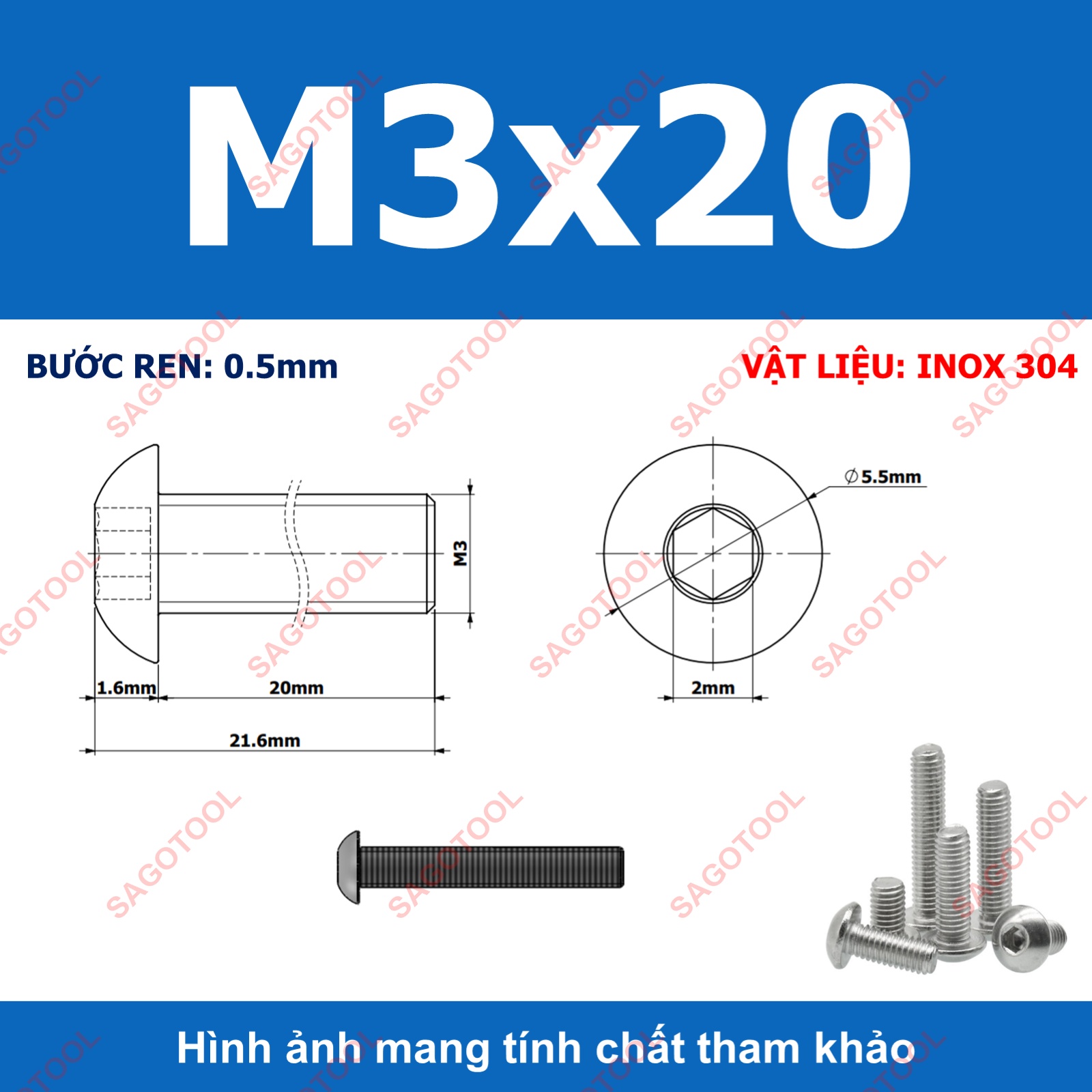 Ốc vít inox, Bulong inox lục giác đầu dù Inox 304 M3 M4 M5 M6 M8 (10 Con) - Ảnh 5