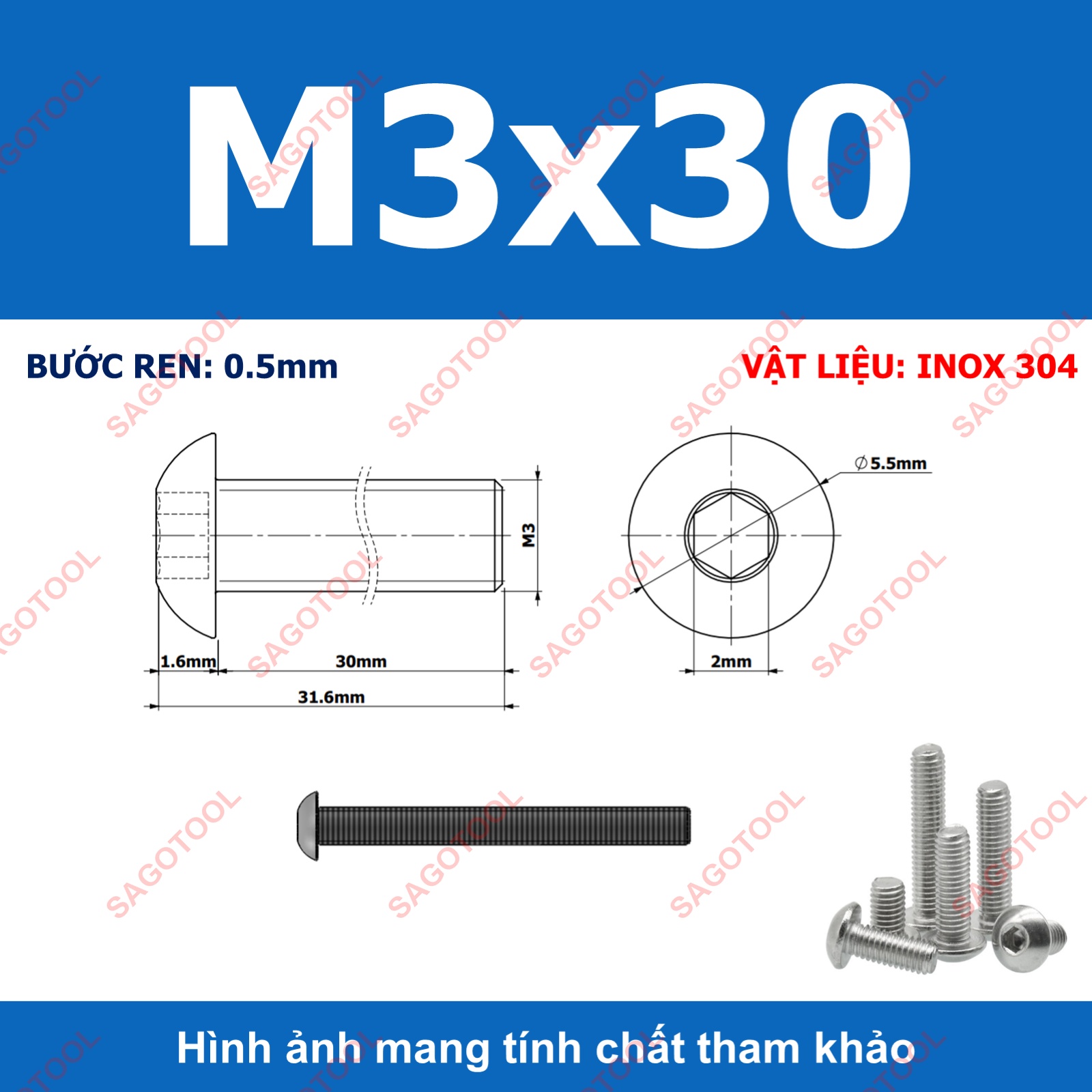 Ốc vít inox, Bulong inox lục giác đầu dù Inox 304 M3 M4 M5 M6 M8 (10 Con) - Ảnh 6