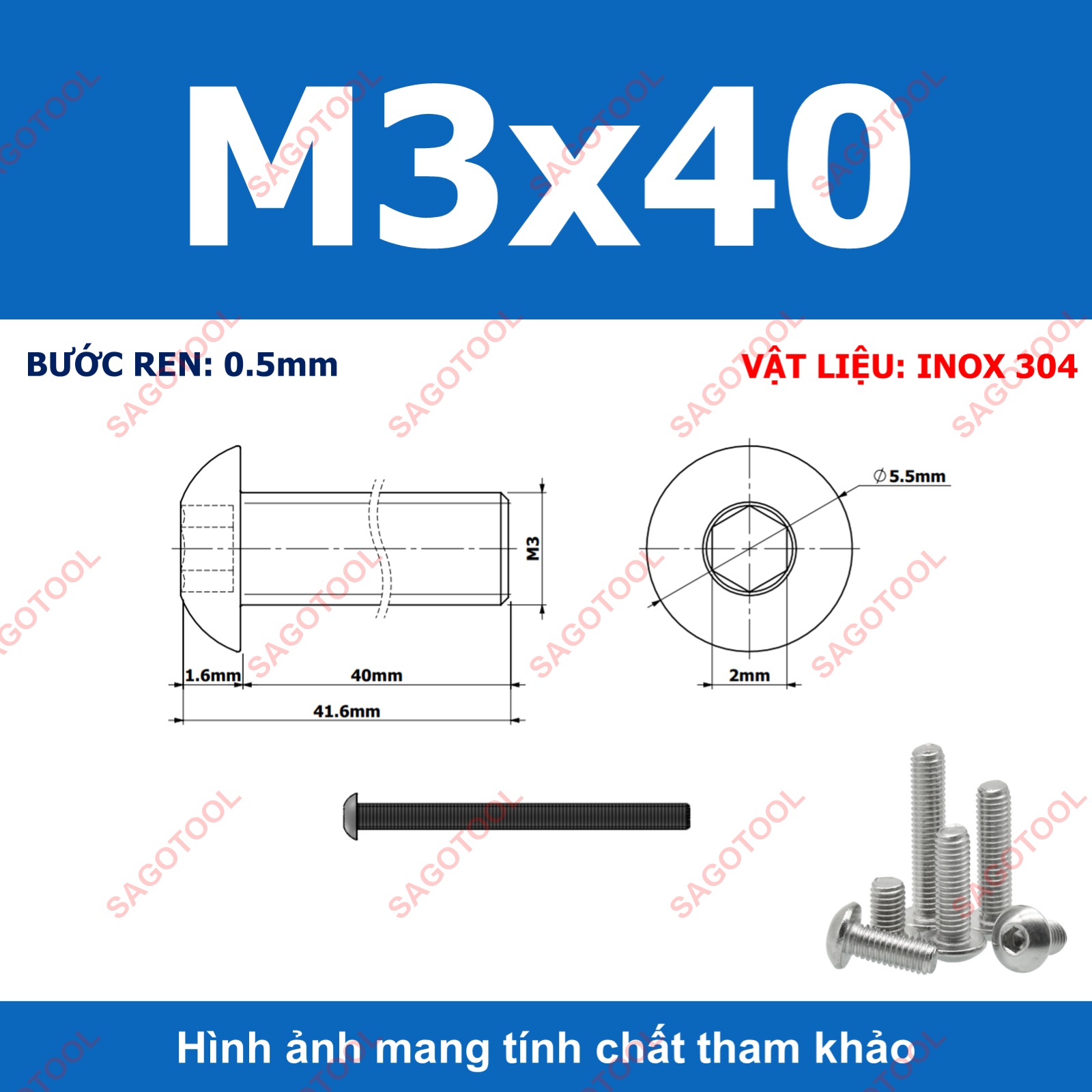 Ốc vít inox, Bulong inox lục giác đầu dù Inox 304 M3 M4 M5 M6 M8 (10 Con) - Ảnh 7