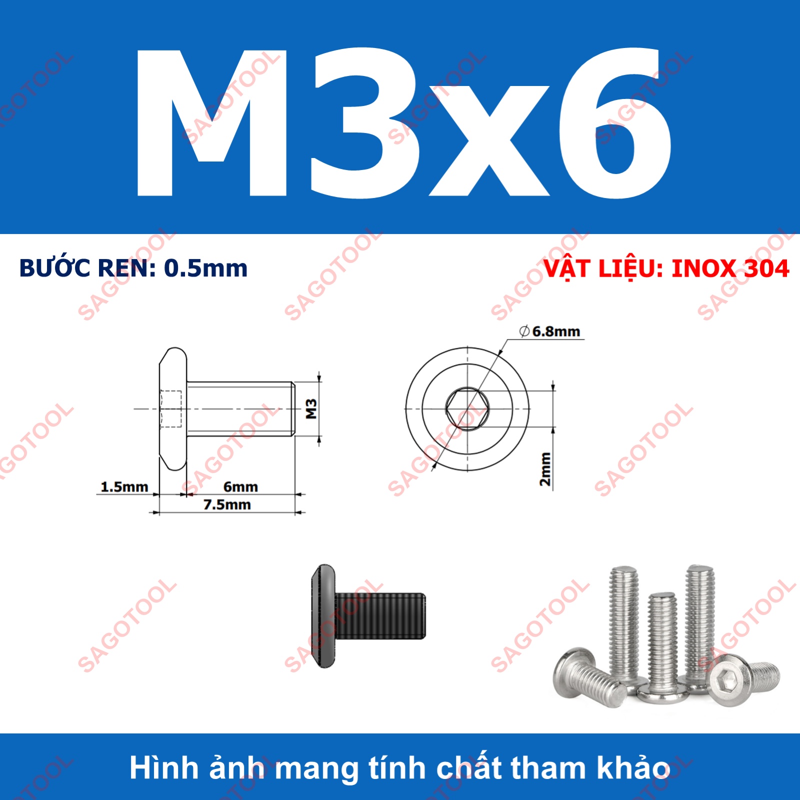 Ốc vít inox 304 đầu lục giác dẹp mỏng vát 3ly 4ly 5ly 6ly 8ly (10 con) - Ảnh 17