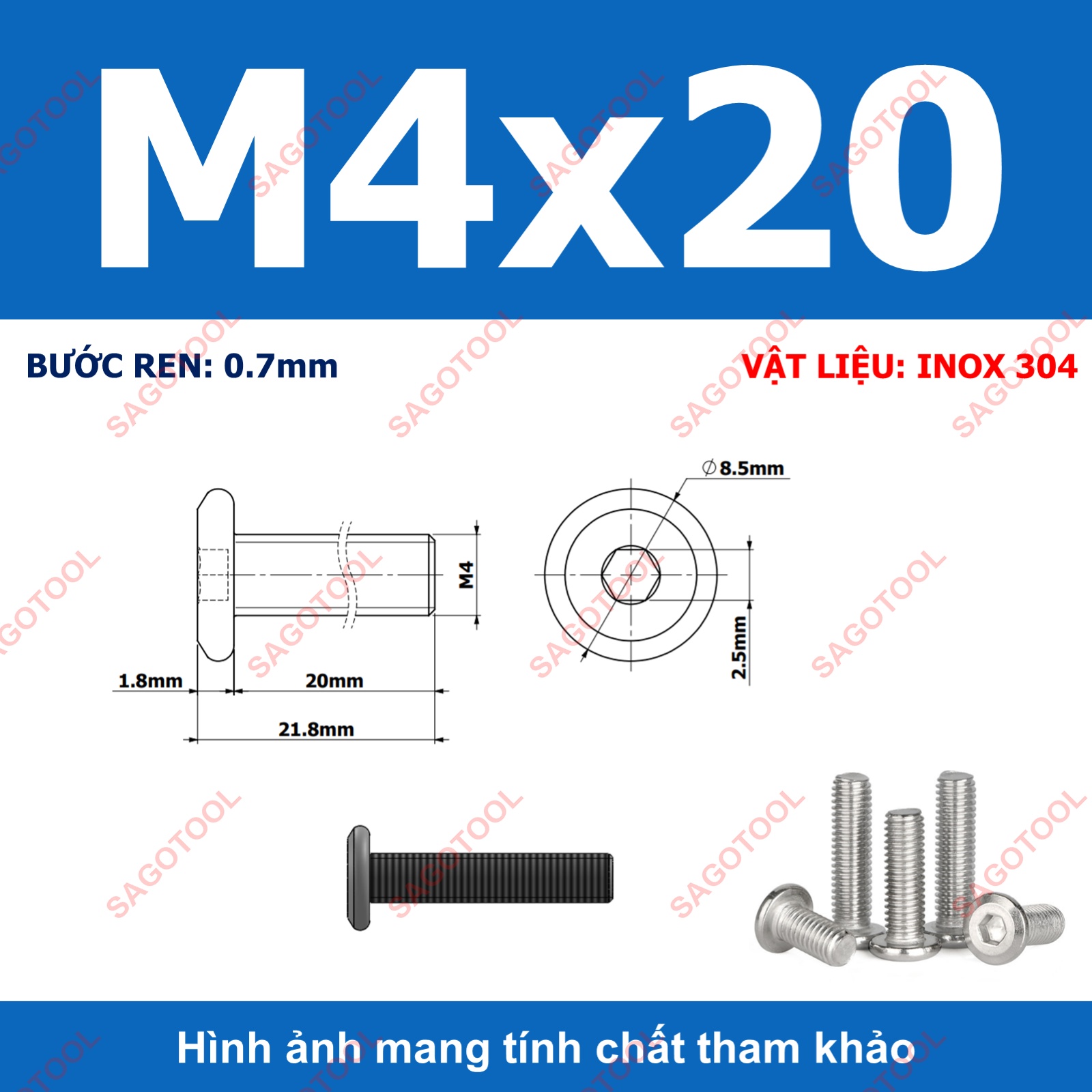 Ốc vít inox 304 đầu lục giác dẹp mỏng vát 3ly 4ly 5ly 6ly 8ly (10 con) - Ảnh 22
