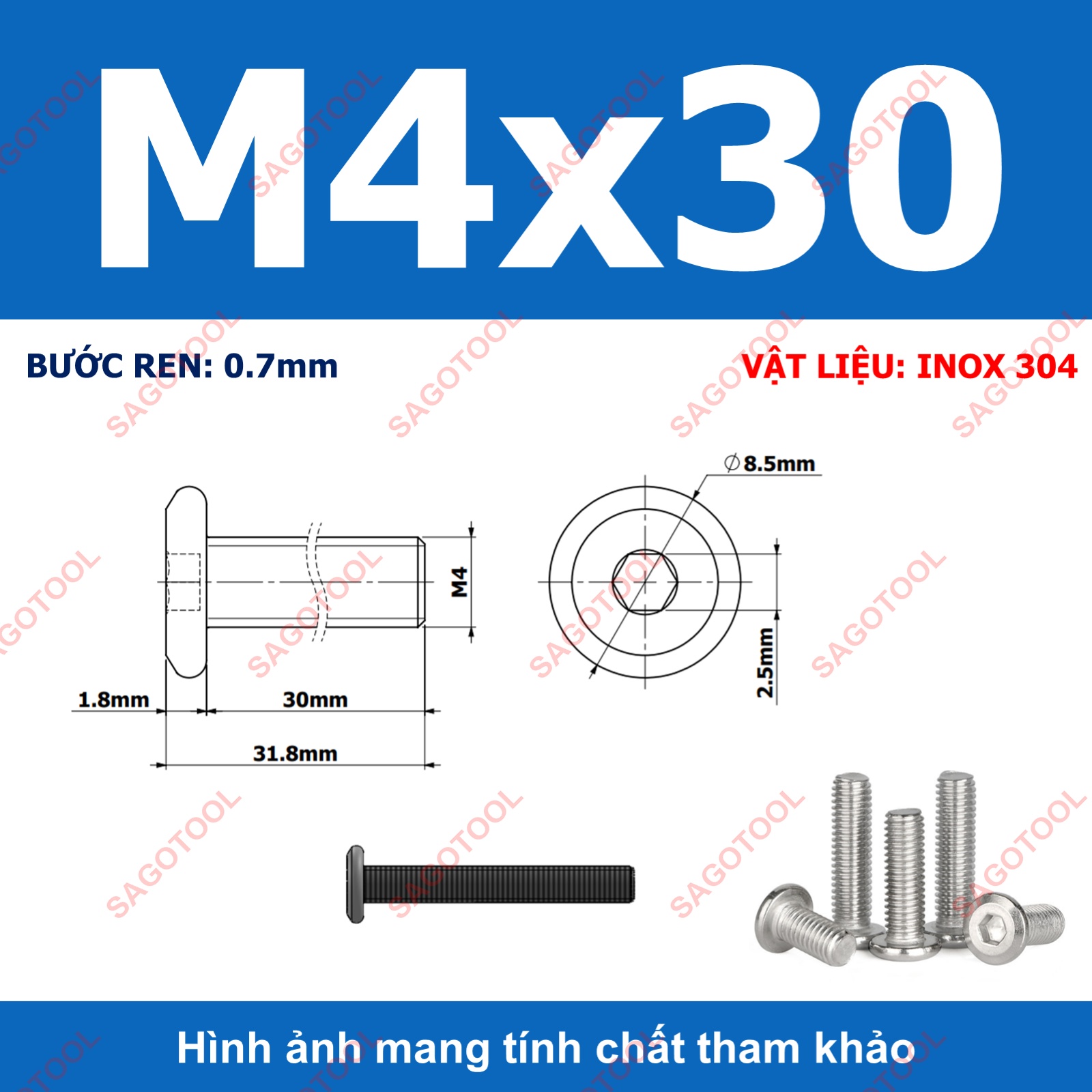 Ốc vít inox 304 đầu lục giác dẹp mỏng vát 3ly 4ly 5ly 6ly 8ly (10 con) - Ảnh 25