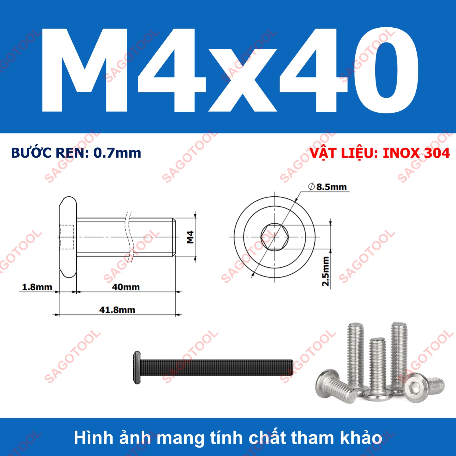 Ốc vít inox 304 đầu lục giác dẹp mỏng vát 3ly 4ly 5ly 6ly 8ly (10 con) - Ảnh 6