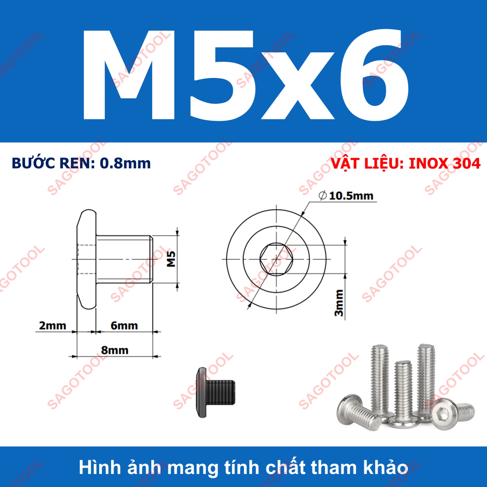 Ốc vít inox 304 đầu lục giác dẹp mỏng vát 3ly 4ly 5ly 6ly 8ly (10 con) - Ảnh 19