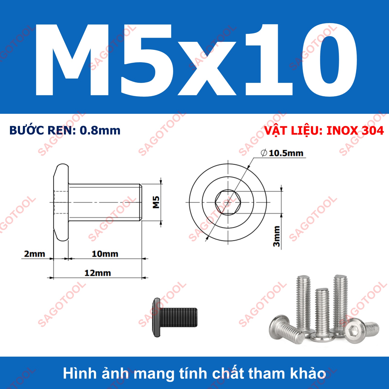 Ốc vít inox 304 đầu lục giác dẹp mỏng vát 3ly 4ly 5ly 6ly 8ly (10 con) - Ảnh 24