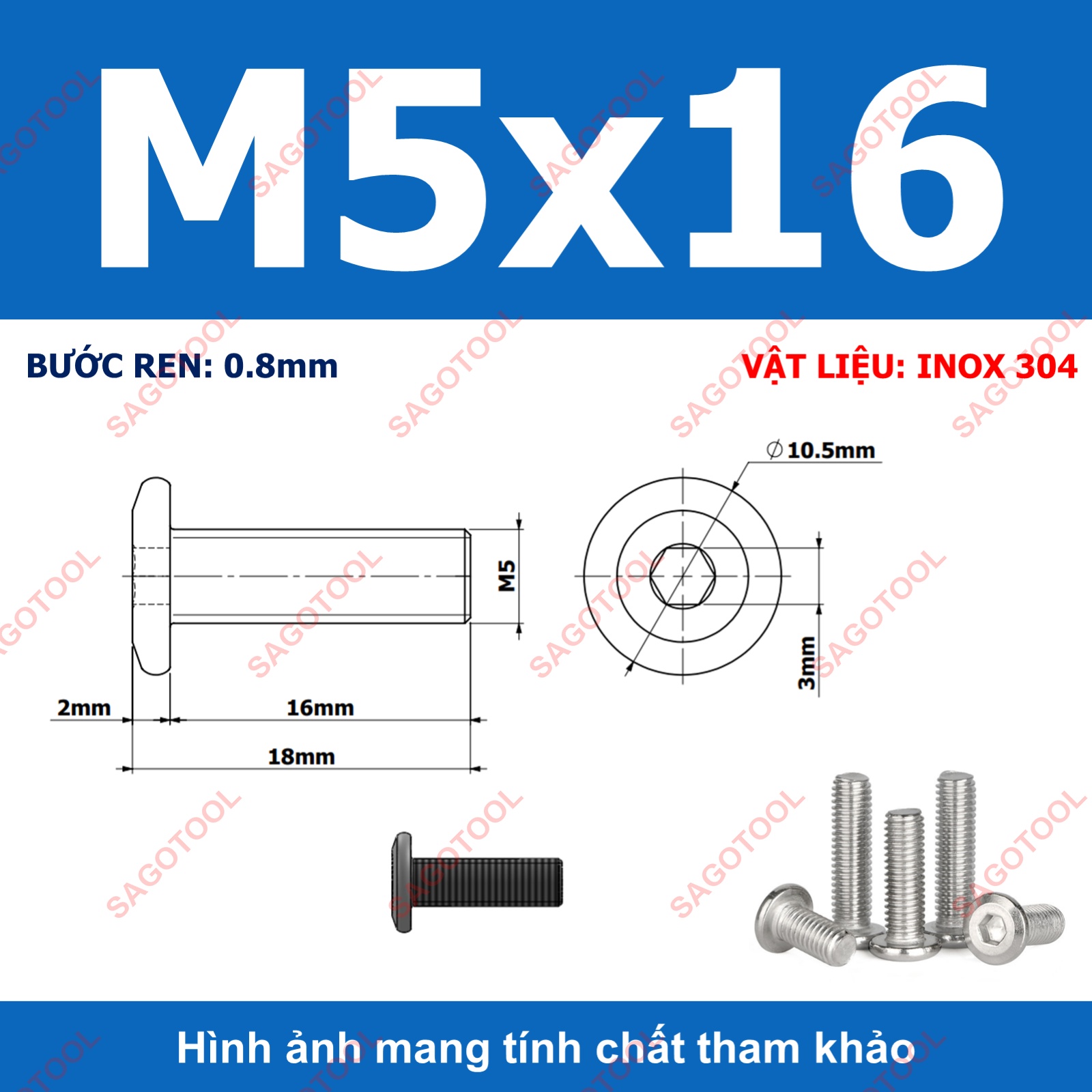 Ốc vít inox 304 đầu lục giác dẹp mỏng vát 3ly 4ly 5ly 6ly 8ly (10 con) - Ảnh 15