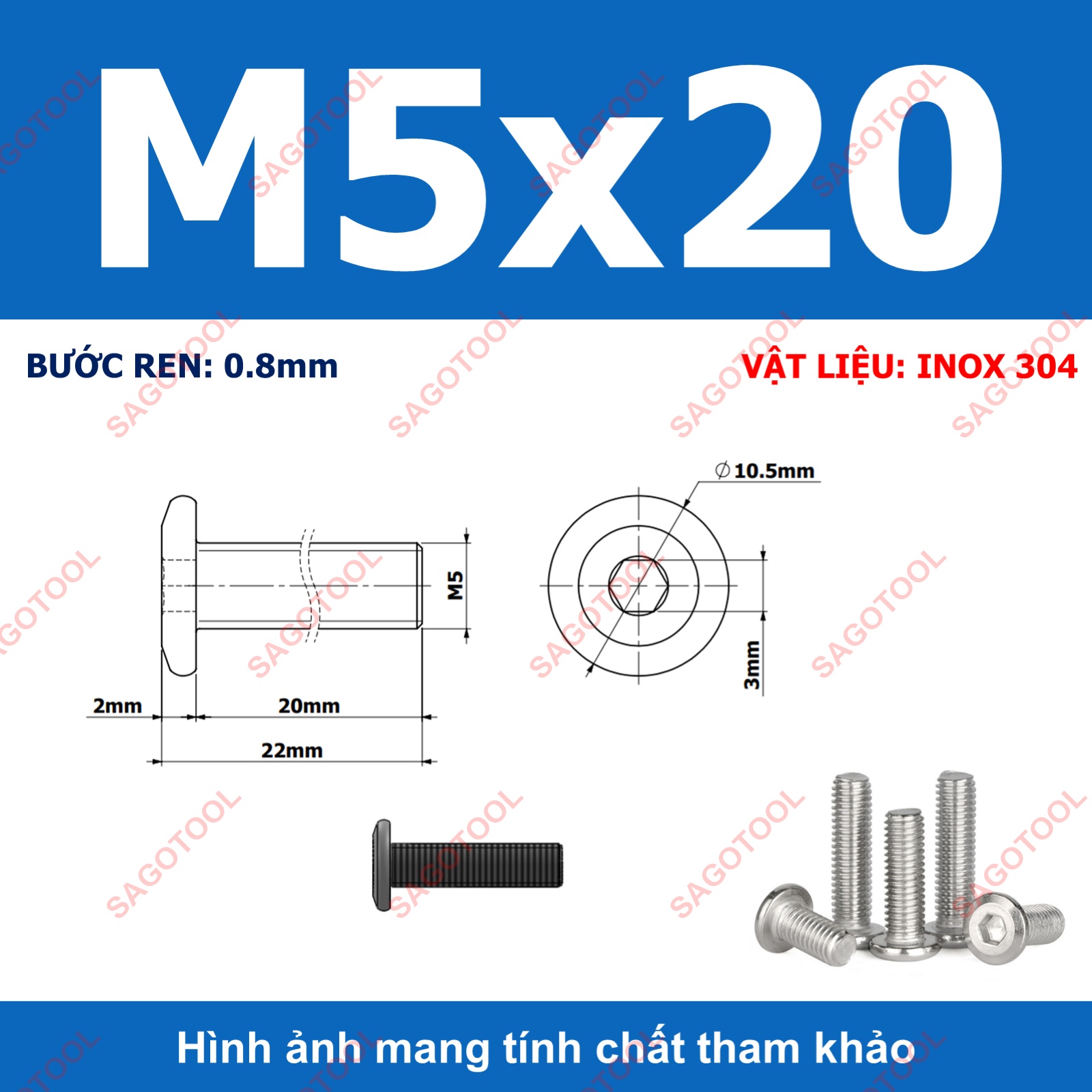 Ốc vít inox 304 đầu lục giác dẹp mỏng vát 3ly 4ly 5ly 6ly 8ly (10 con) - Ảnh 8