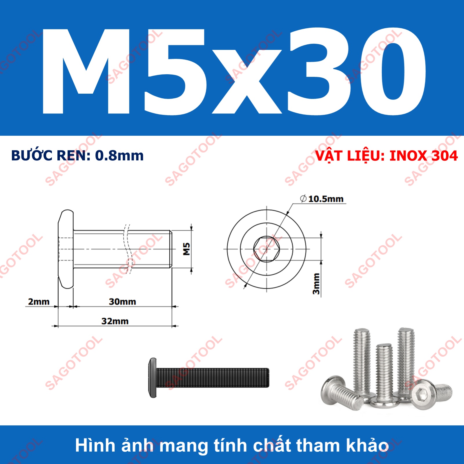 Ốc vít inox 304 đầu lục giác dẹp mỏng vát 3ly 4ly 5ly 6ly 8ly (10 con) - Ảnh 28