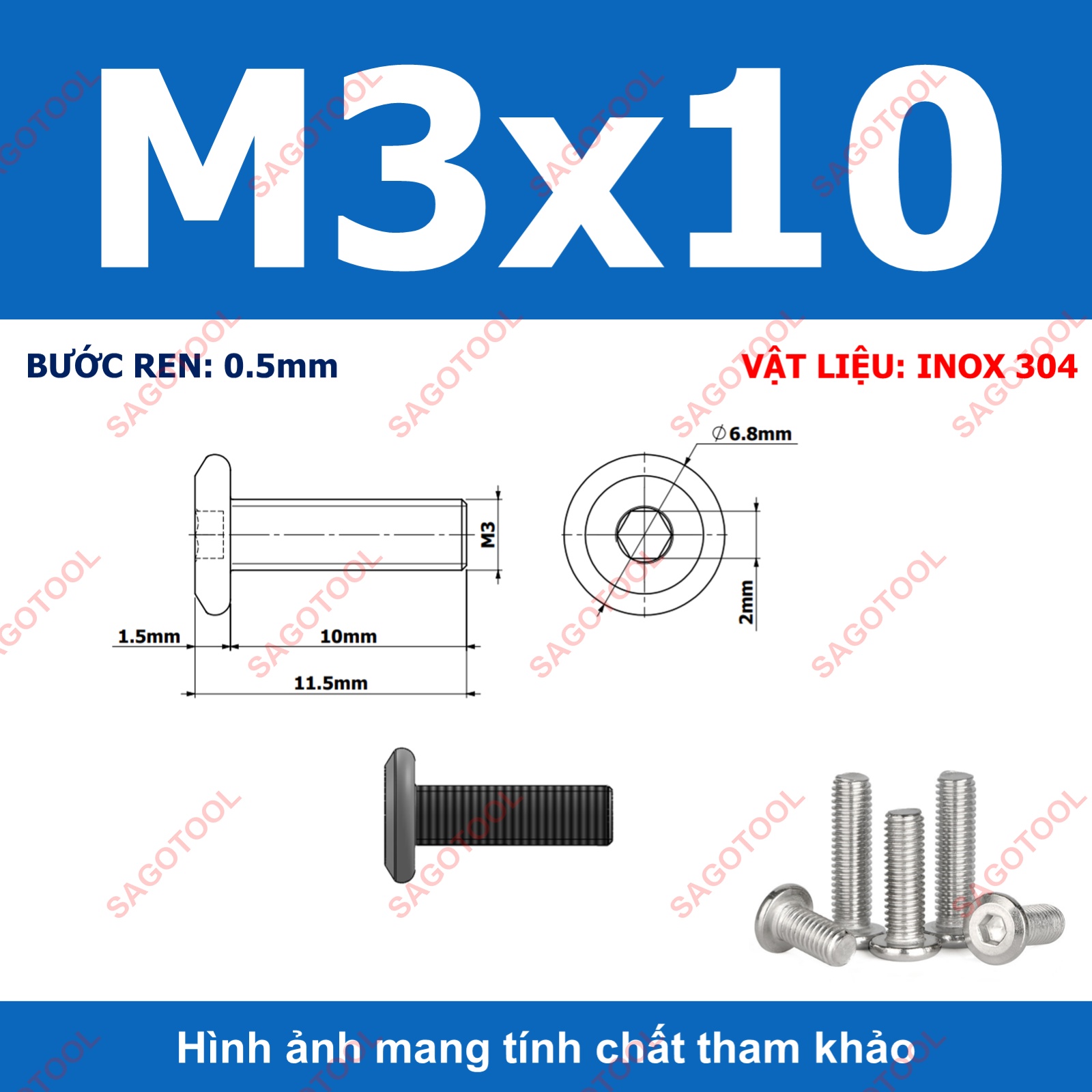 Ốc vít inox 304 đầu lục giác dẹp mỏng vát 3ly 4ly 5ly 6ly 8ly (10 con) - Ảnh 27