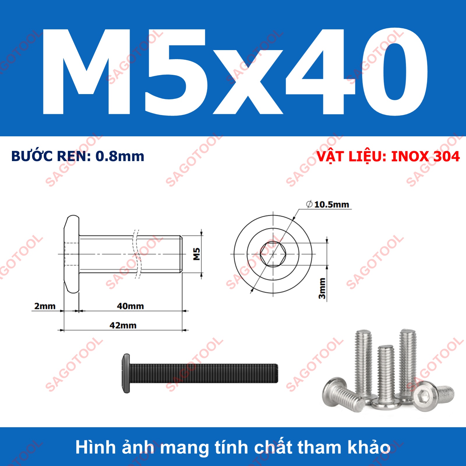 Ốc vít inox 304 đầu lục giác dẹp mỏng vát 3ly 4ly 5ly 6ly 8ly (10 con) - Ảnh 31