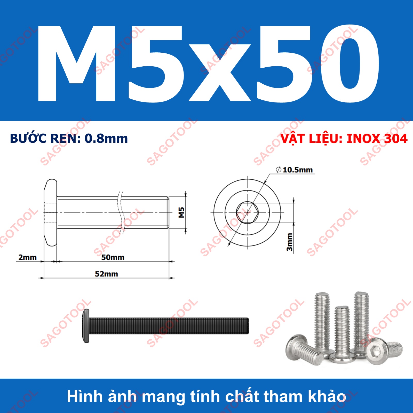 Ốc vít inox 304 đầu lục giác dẹp mỏng vát 3ly 4ly 5ly 6ly 8ly (10 con) - Ảnh 34