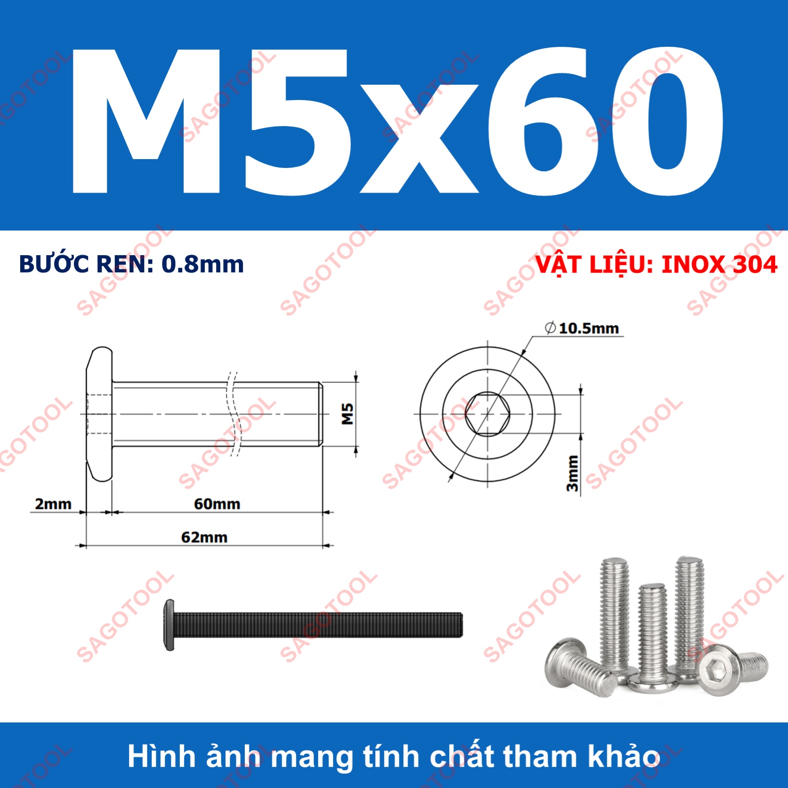 Ốc vít inox 304 đầu lục giác dẹp mỏng vát 3ly 4ly 5ly 6ly 8ly (10 con) - Ảnh 37