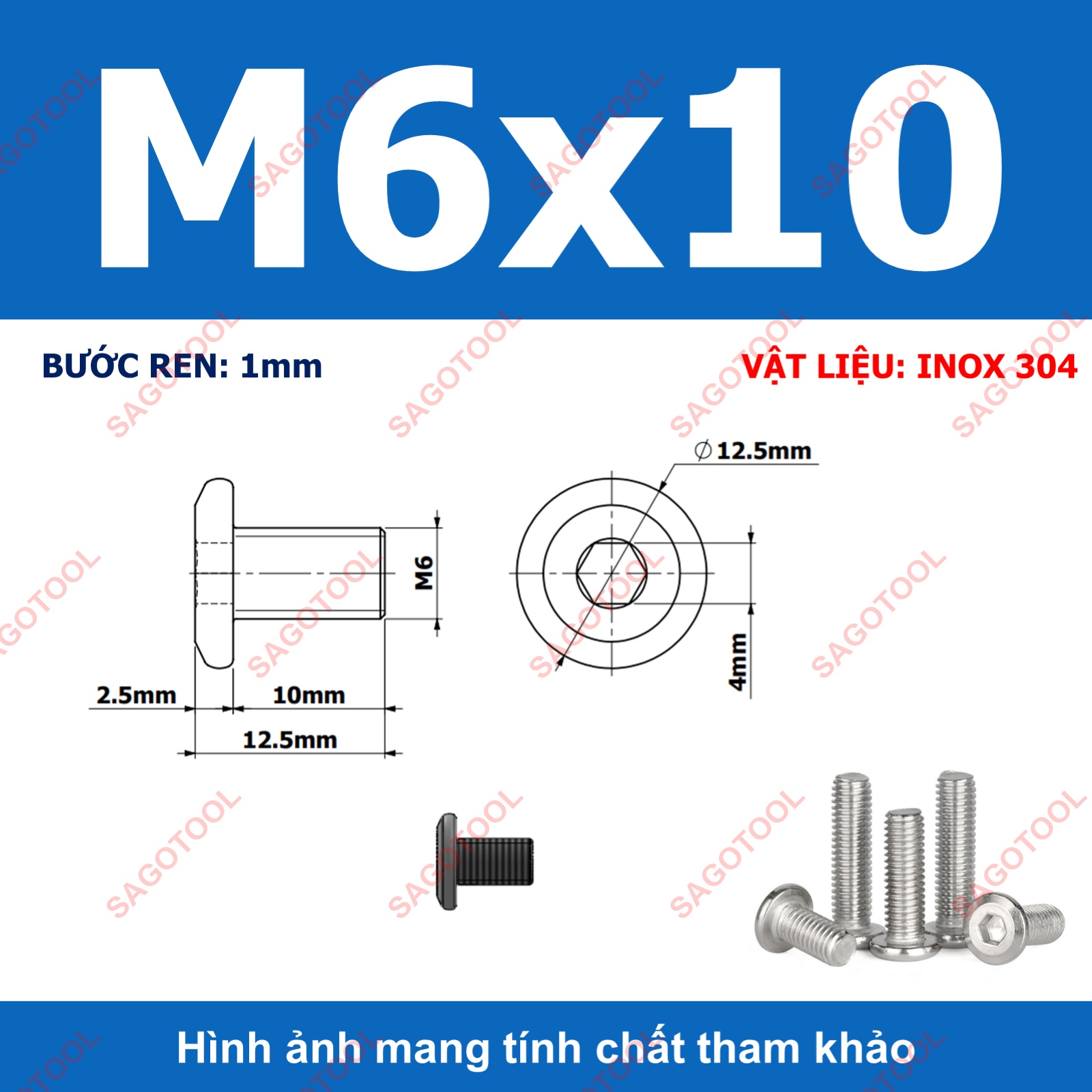 Ốc vít inox 304 đầu lục giác dẹp mỏng vát 3ly 4ly 5ly 6ly 8ly (10 con) - Ảnh 11