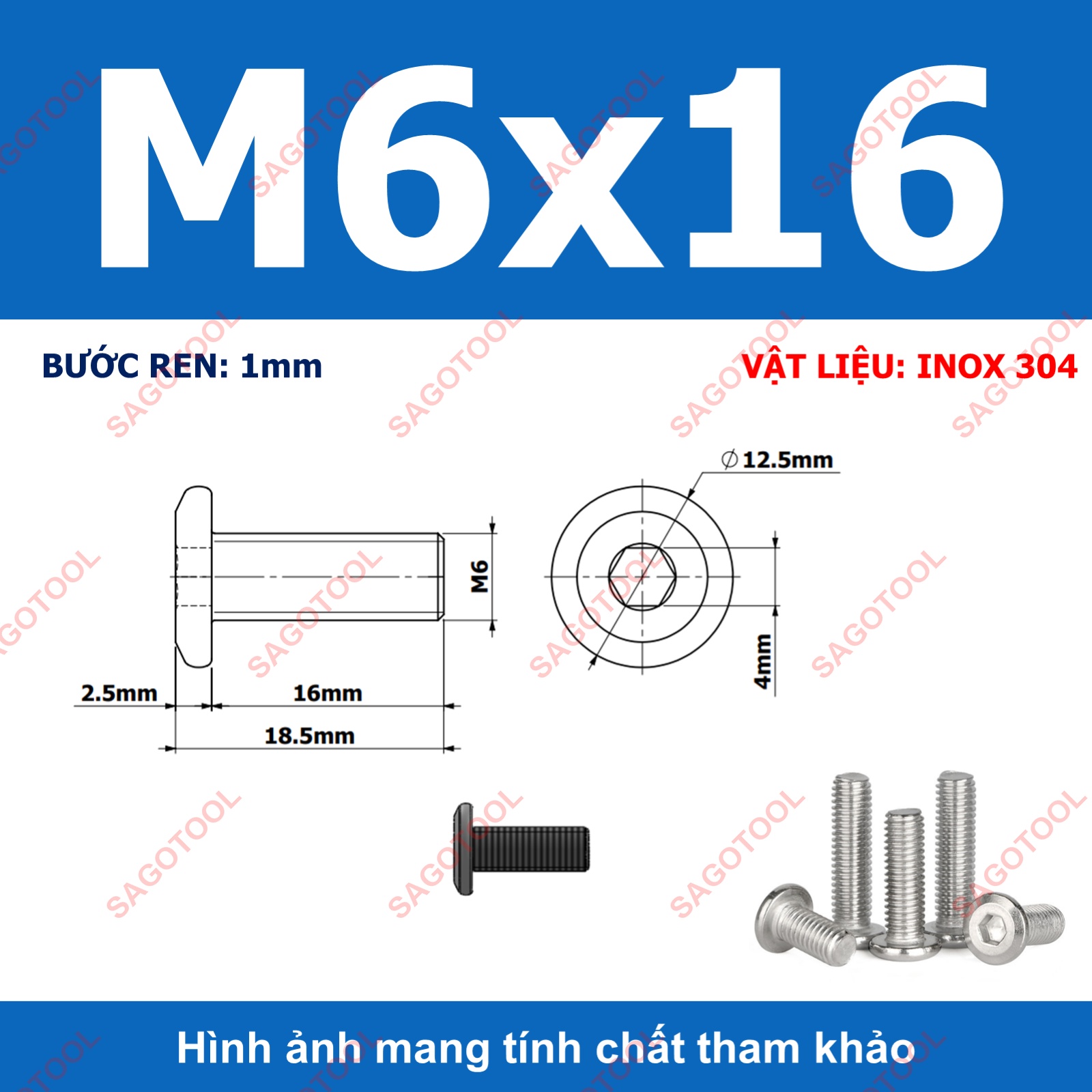 Ốc vít inox 304 đầu lục giác dẹp mỏng vát 3ly 4ly 5ly 6ly 8ly (10 con) - Ảnh 16