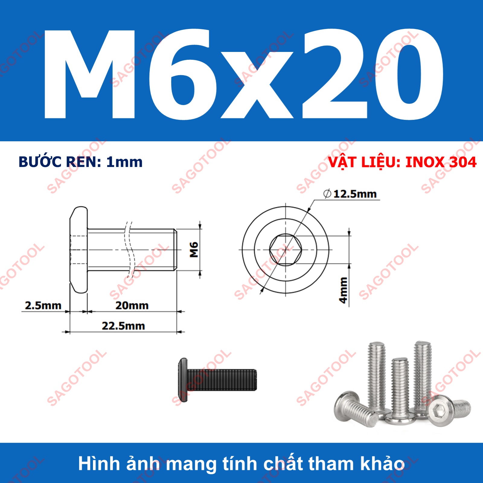 Ốc vít inox 304 đầu lục giác dẹp mỏng vát 3ly 4ly 5ly 6ly 8ly (10 con) - Ảnh 18
