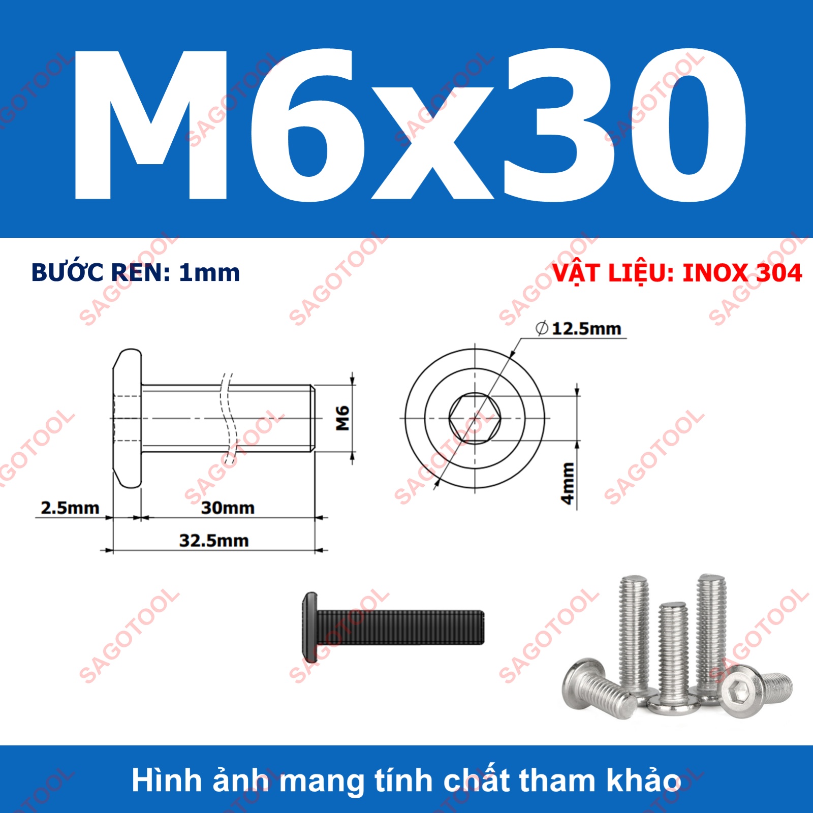 Ốc vít inox 304 đầu lục giác dẹp mỏng vát 3ly 4ly 5ly 6ly 8ly (10 con) - Ảnh 12