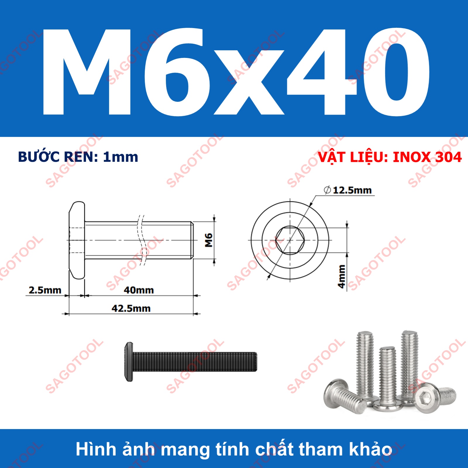 Ốc vít inox 304 đầu lục giác dẹp mỏng vát 3ly 4ly 5ly 6ly 8ly (10 con) - Ảnh 26
