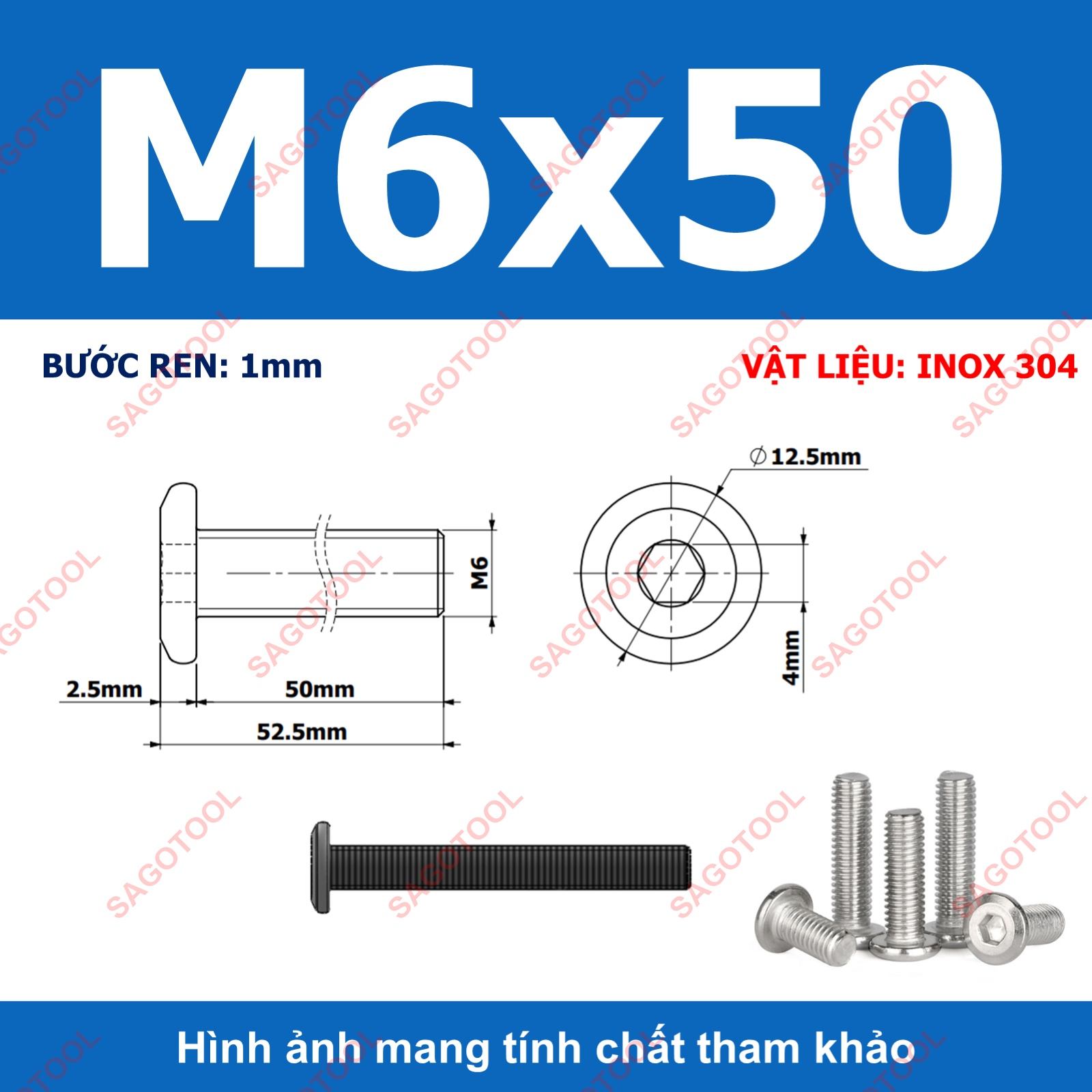 Ốc vít inox 304 đầu lục giác dẹp mỏng vát 3ly 4ly 5ly 6ly 8ly (10 con) - Ảnh 9