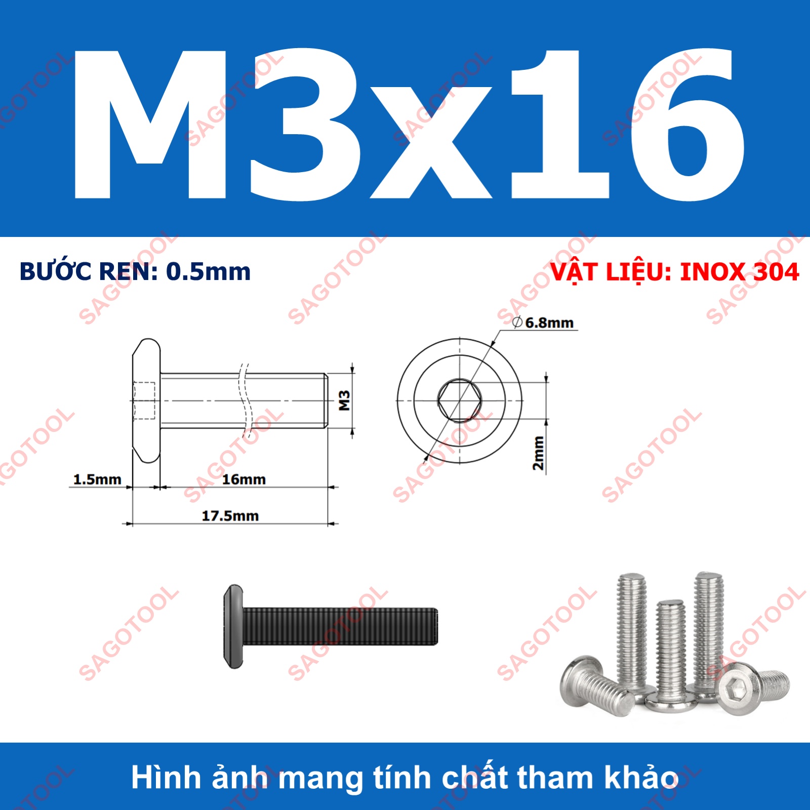 Ốc vít inox 304 đầu lục giác dẹp mỏng vát 3ly 4ly 5ly 6ly 8ly (10 con) - Ảnh 20
