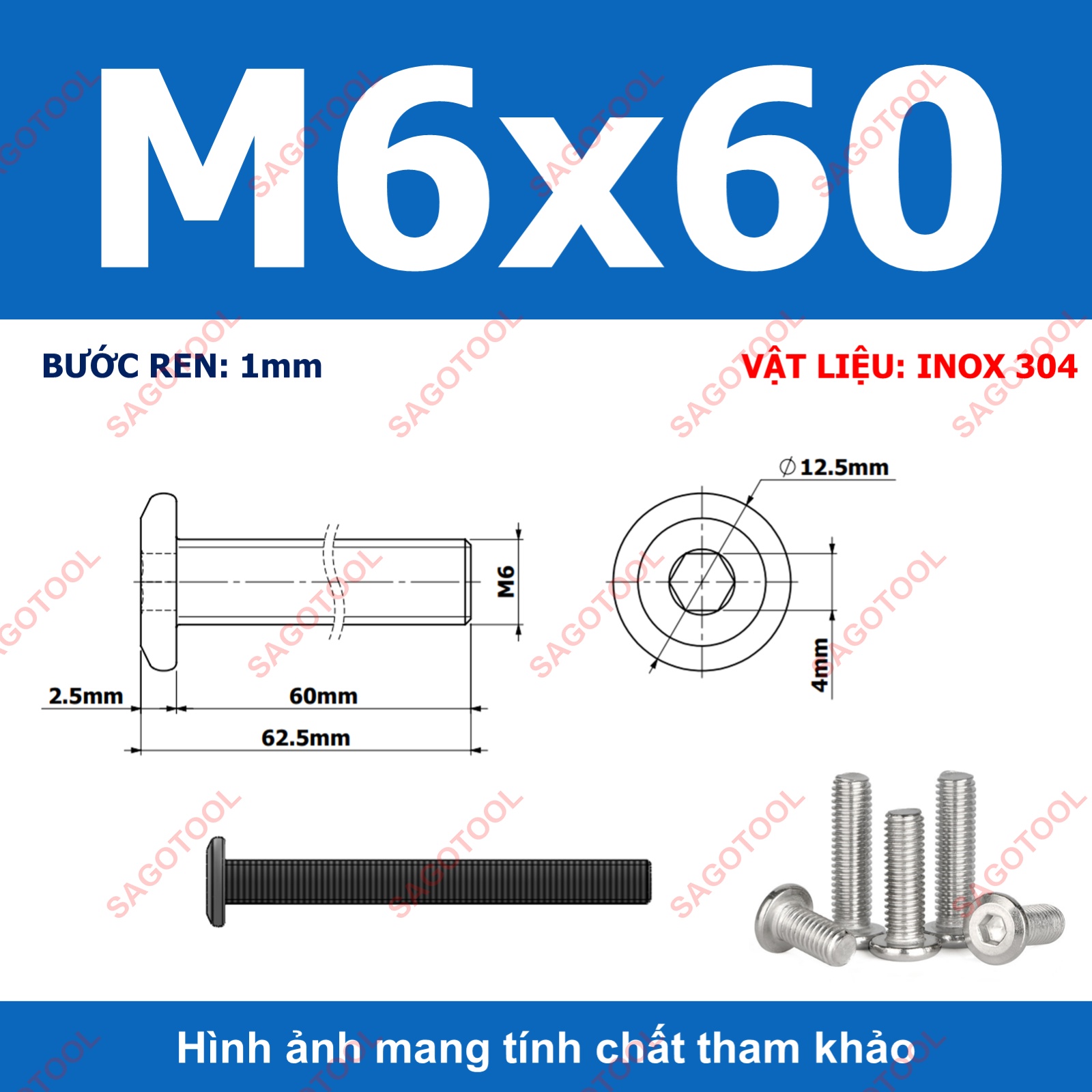 Ốc vít inox 304 đầu lục giác dẹp mỏng vát 3ly 4ly 5ly 6ly 8ly (10 con) - Ảnh 38