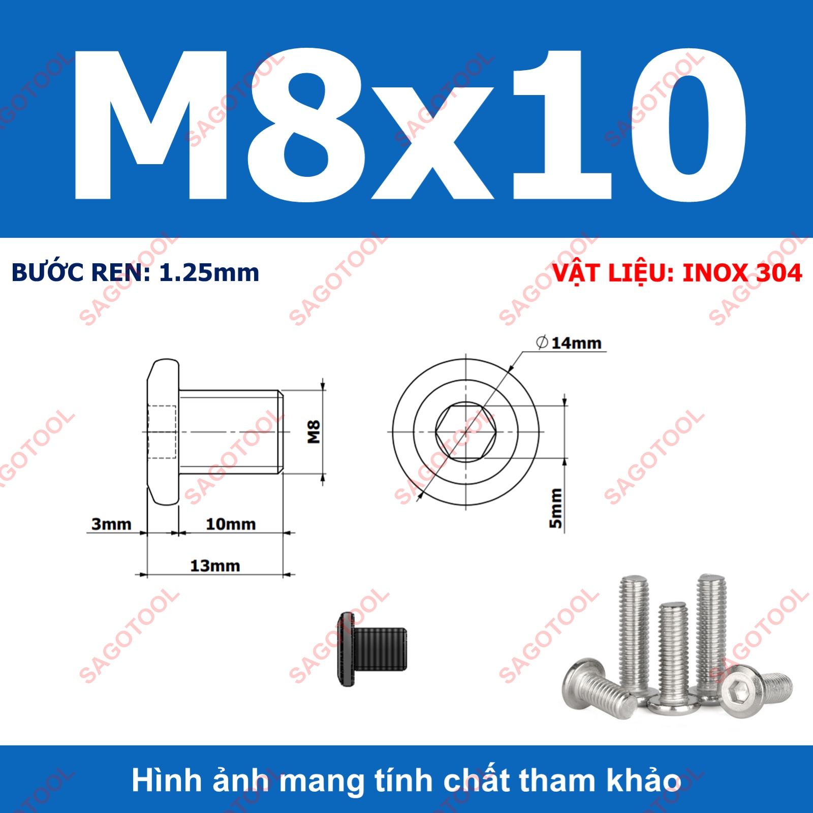 Ốc vít inox 304 đầu lục giác dẹp mỏng vát 3ly 4ly 5ly 6ly 8ly (10 con) - Ảnh 7