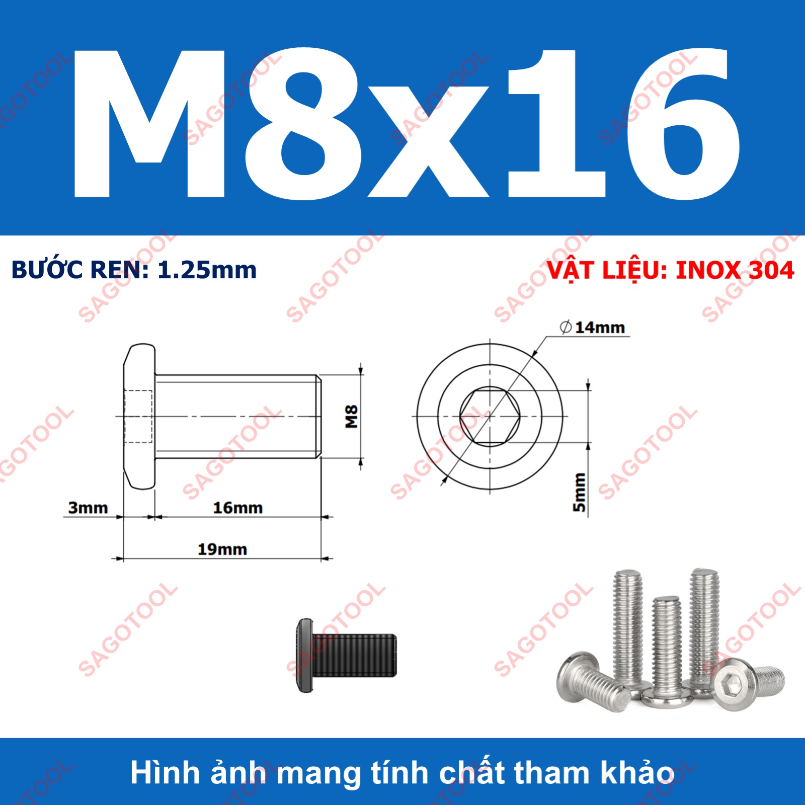 Ốc vít inox 304 đầu lục giác dẹp mỏng vát 3ly 4ly 5ly 6ly 8ly (10 con) - Ảnh 21