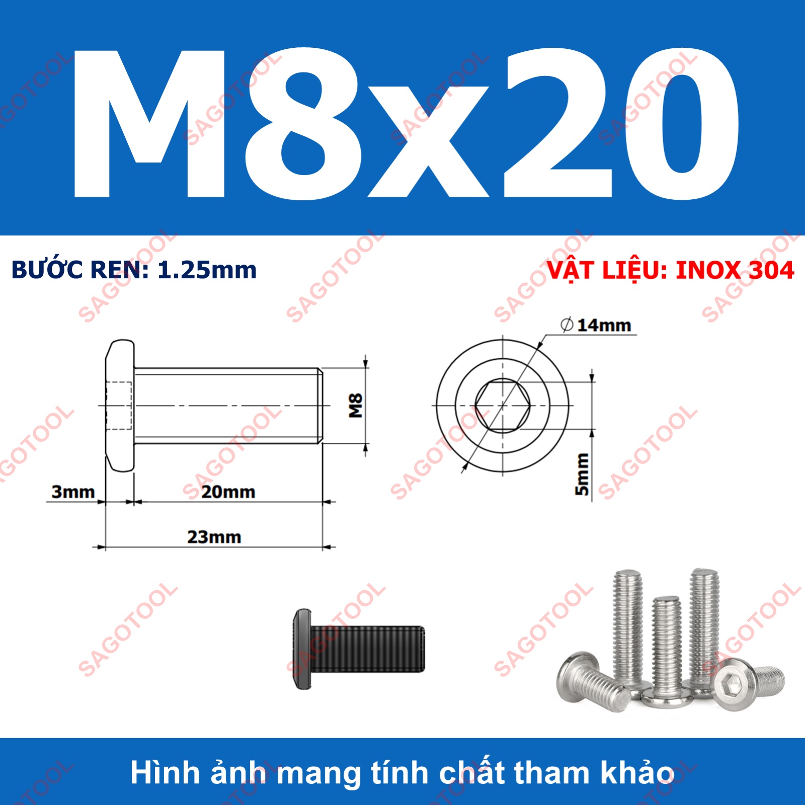 Ốc vít inox 304 đầu lục giác dẹp mỏng vát 3ly 4ly 5ly 6ly 8ly (10 con) - Ảnh 36