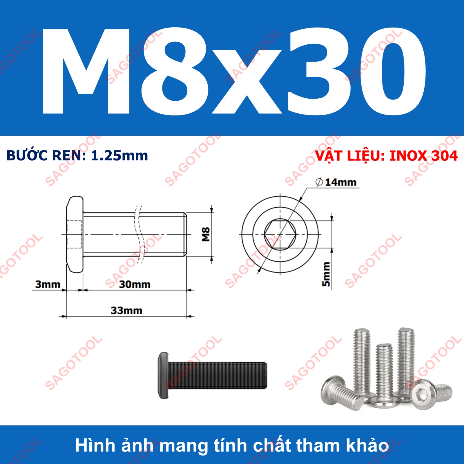 Ốc vít inox 304 đầu lục giác dẹp mỏng vát 3ly 4ly 5ly 6ly 8ly (10 con) - Ảnh 23