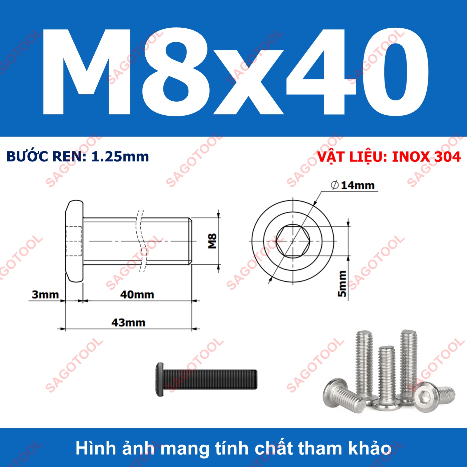 Ốc vít inox 304 đầu lục giác dẹp mỏng vát 3ly 4ly 5ly 6ly 8ly (10 con) - Ảnh 30