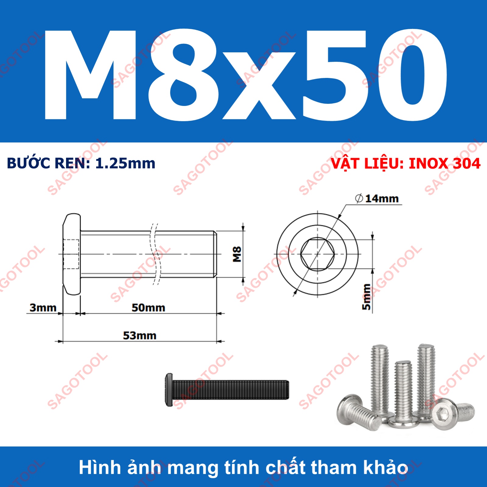Ốc vít inox 304 đầu lục giác dẹp mỏng vát 3ly 4ly 5ly 6ly 8ly (10 con) - Ảnh 33