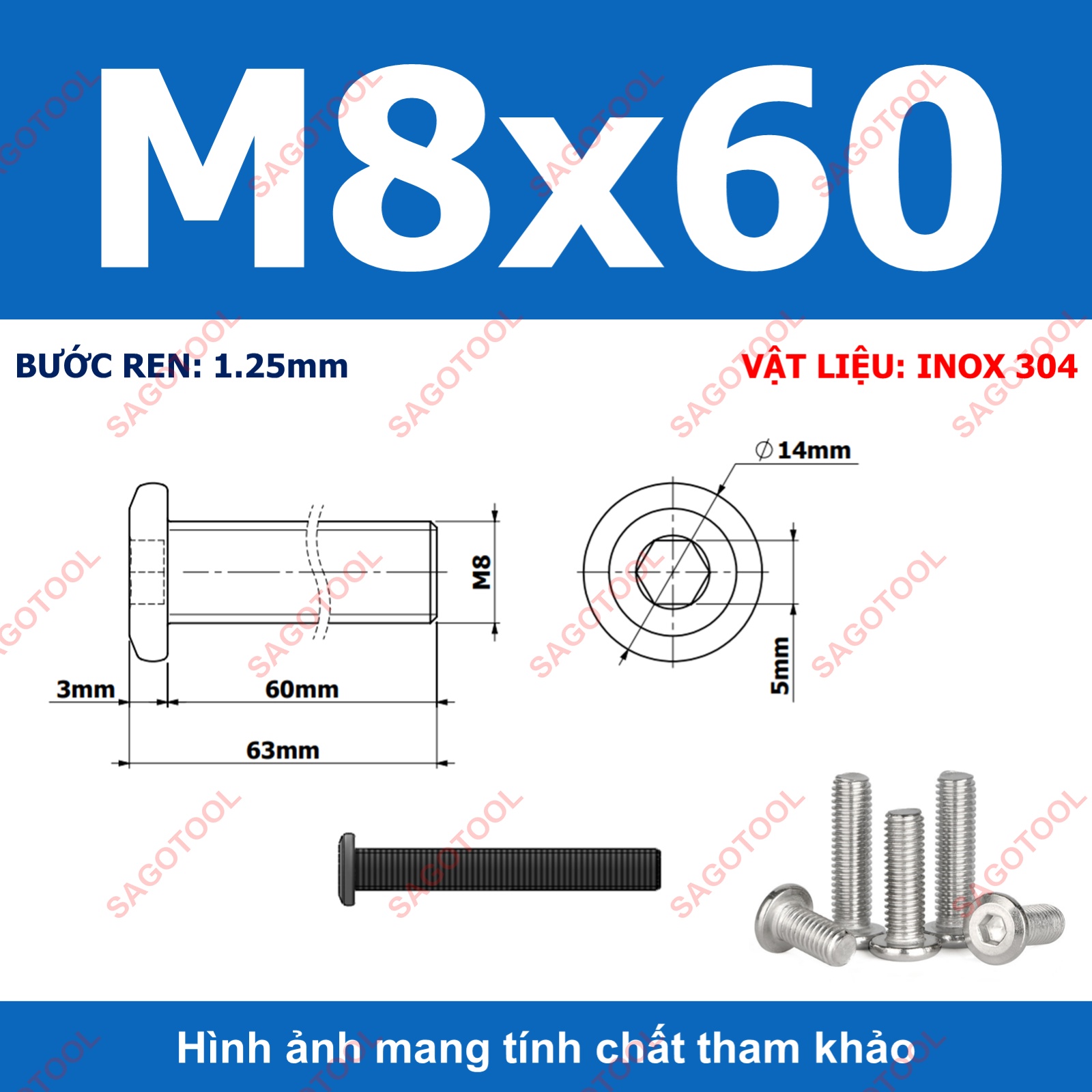 Ốc vít inox 304 đầu lục giác dẹp mỏng vát 3ly 4ly 5ly 6ly 8ly (10 con) - Ảnh 35
