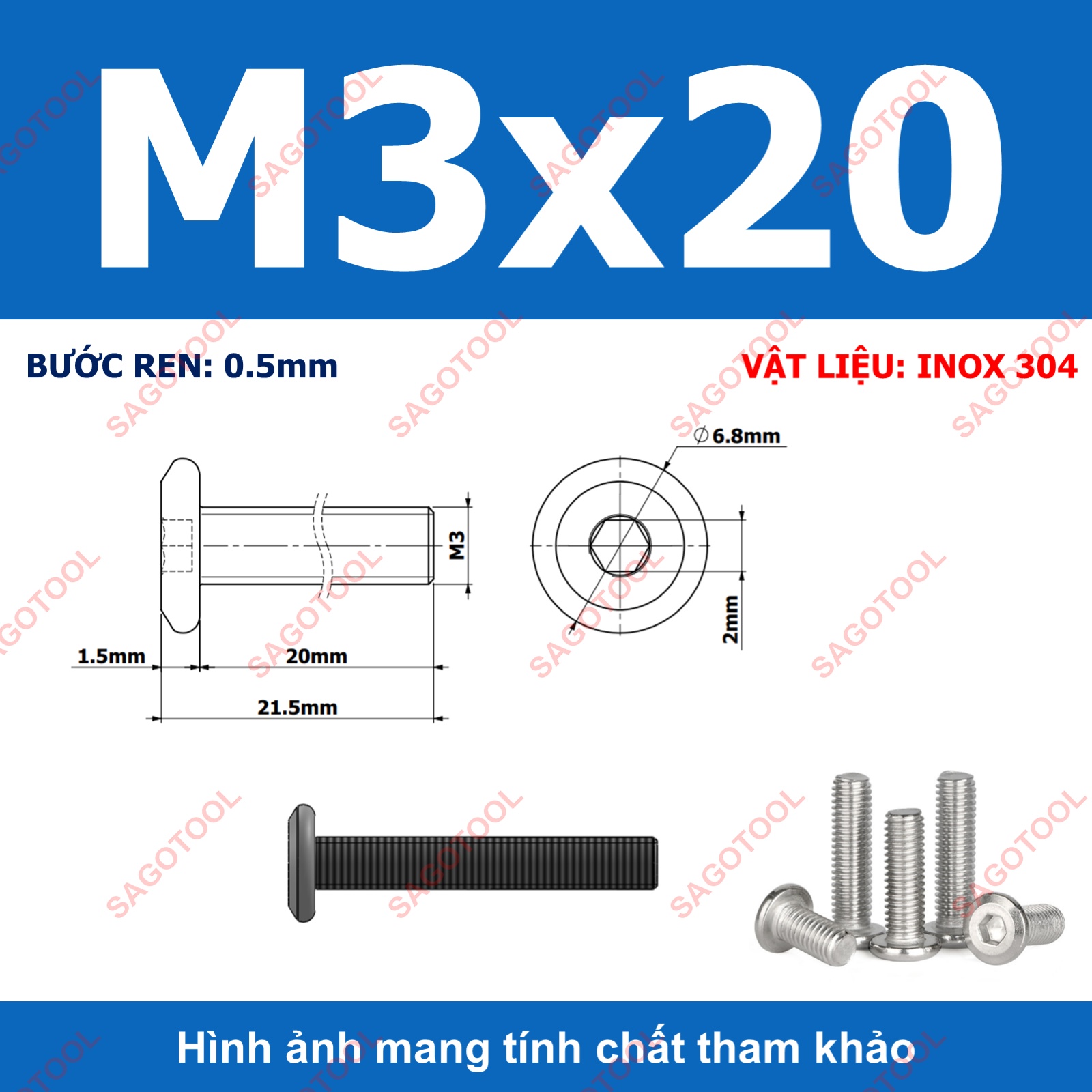 Ốc vít inox 304 đầu lục giác dẹp mỏng vát 3ly 4ly 5ly 6ly 8ly (10 con) - Ảnh 13