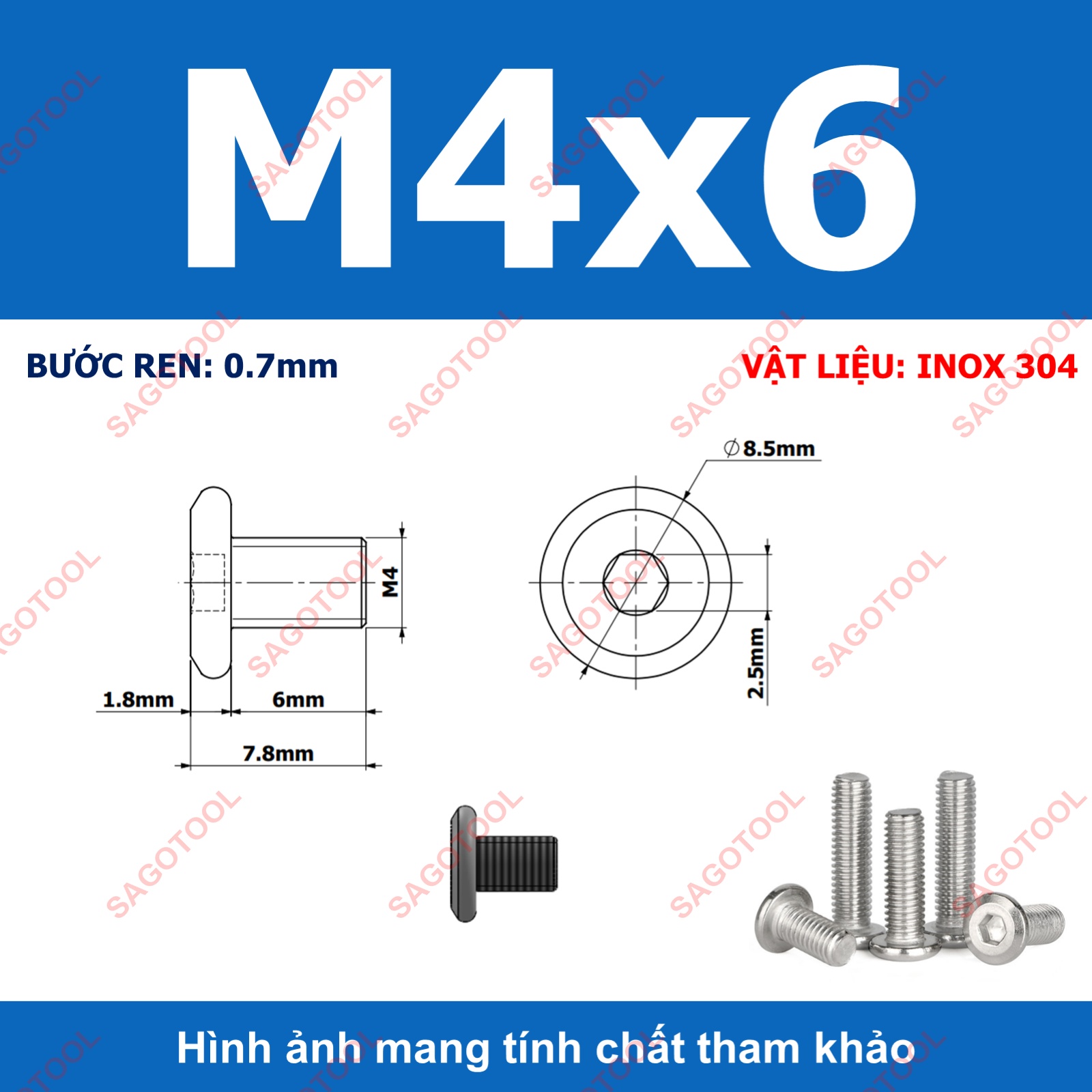 Ốc vít inox 304 đầu lục giác dẹp mỏng vát 3ly 4ly 5ly 6ly 8ly (10 con) - Ảnh 32