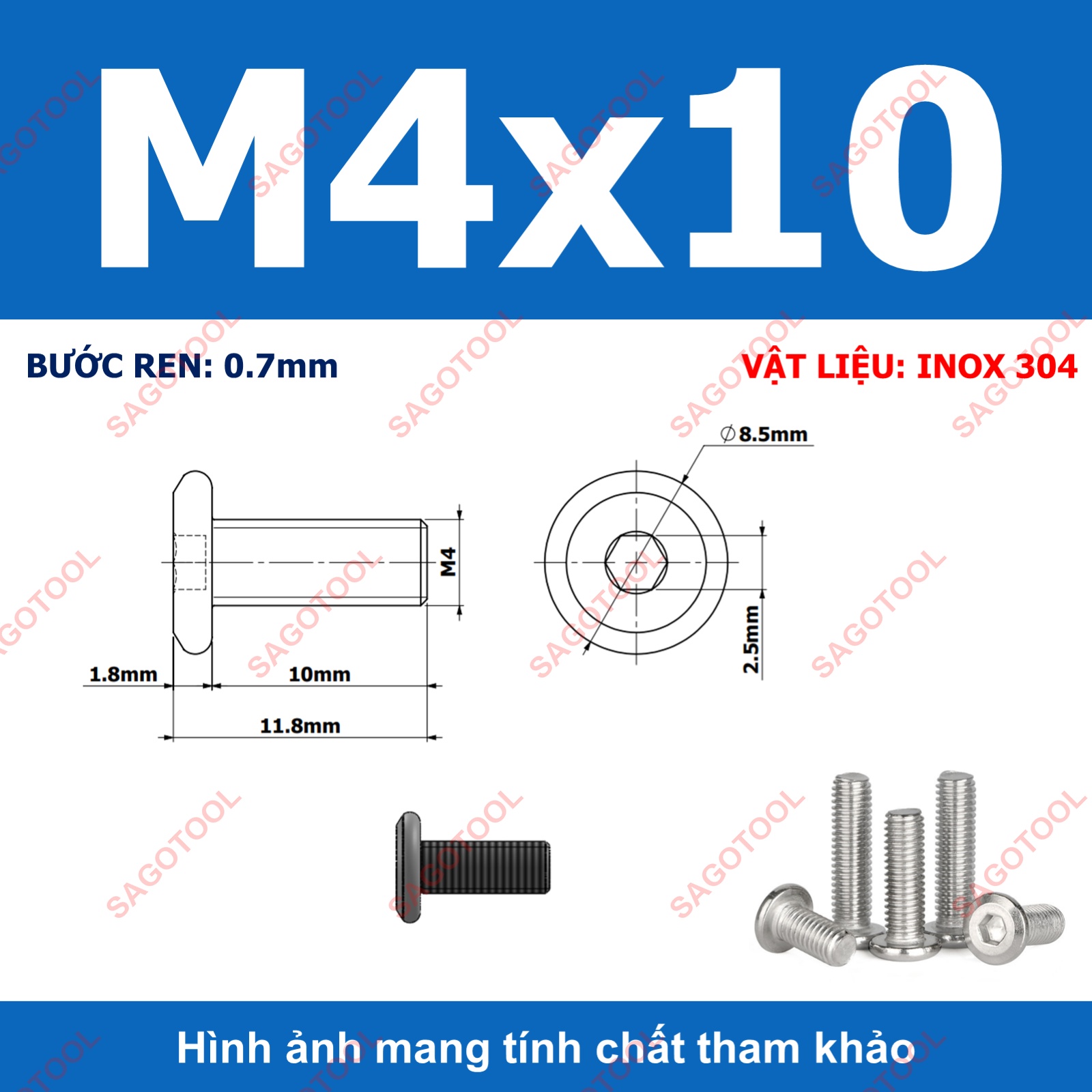 Ốc vít inox 304 đầu lục giác dẹp mỏng vát 3ly 4ly 5ly 6ly 8ly (10 con) - Ảnh 29
