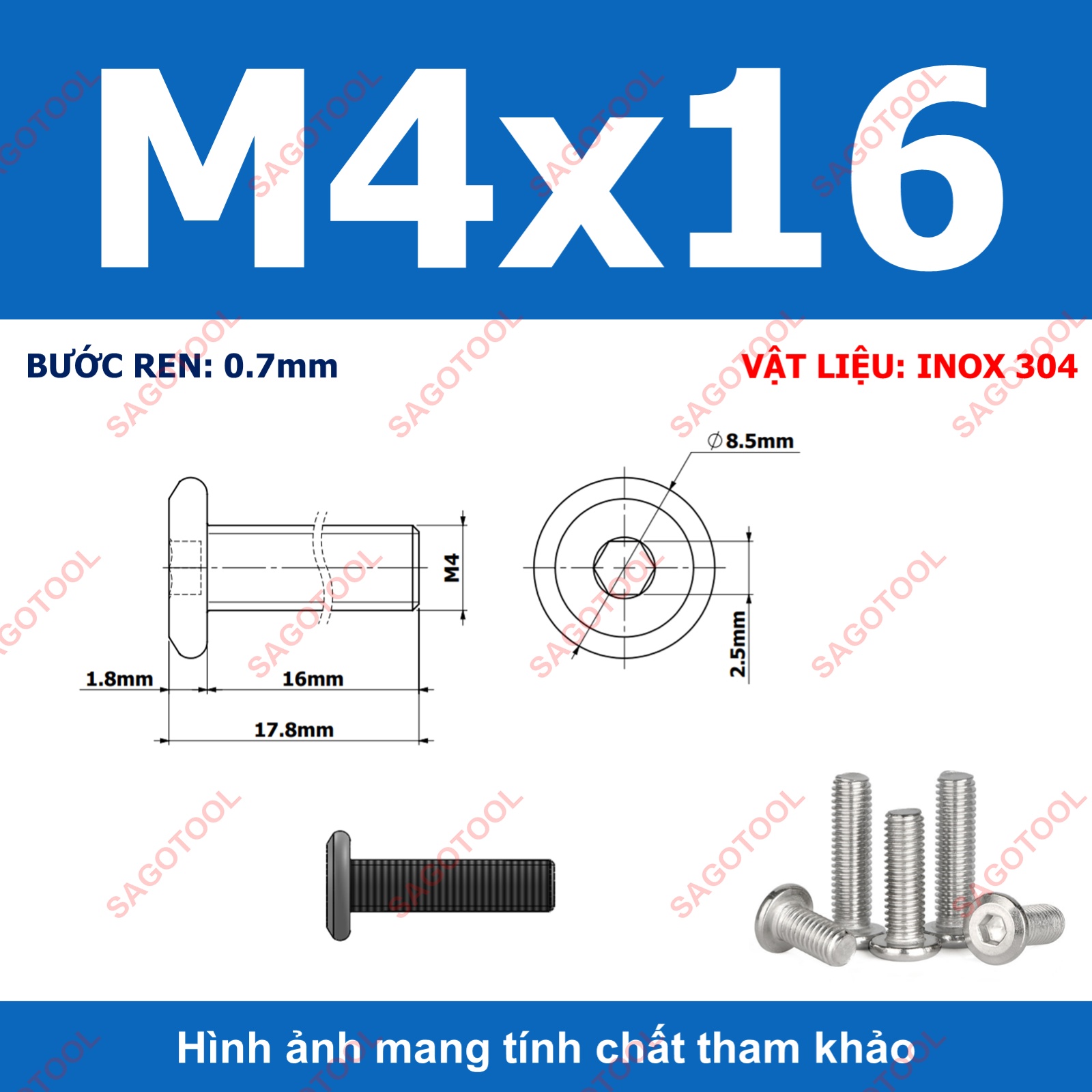 Ốc vít inox 304 đầu lục giác dẹp mỏng vát 3ly 4ly 5ly 6ly 8ly (10 con) - Ảnh 14