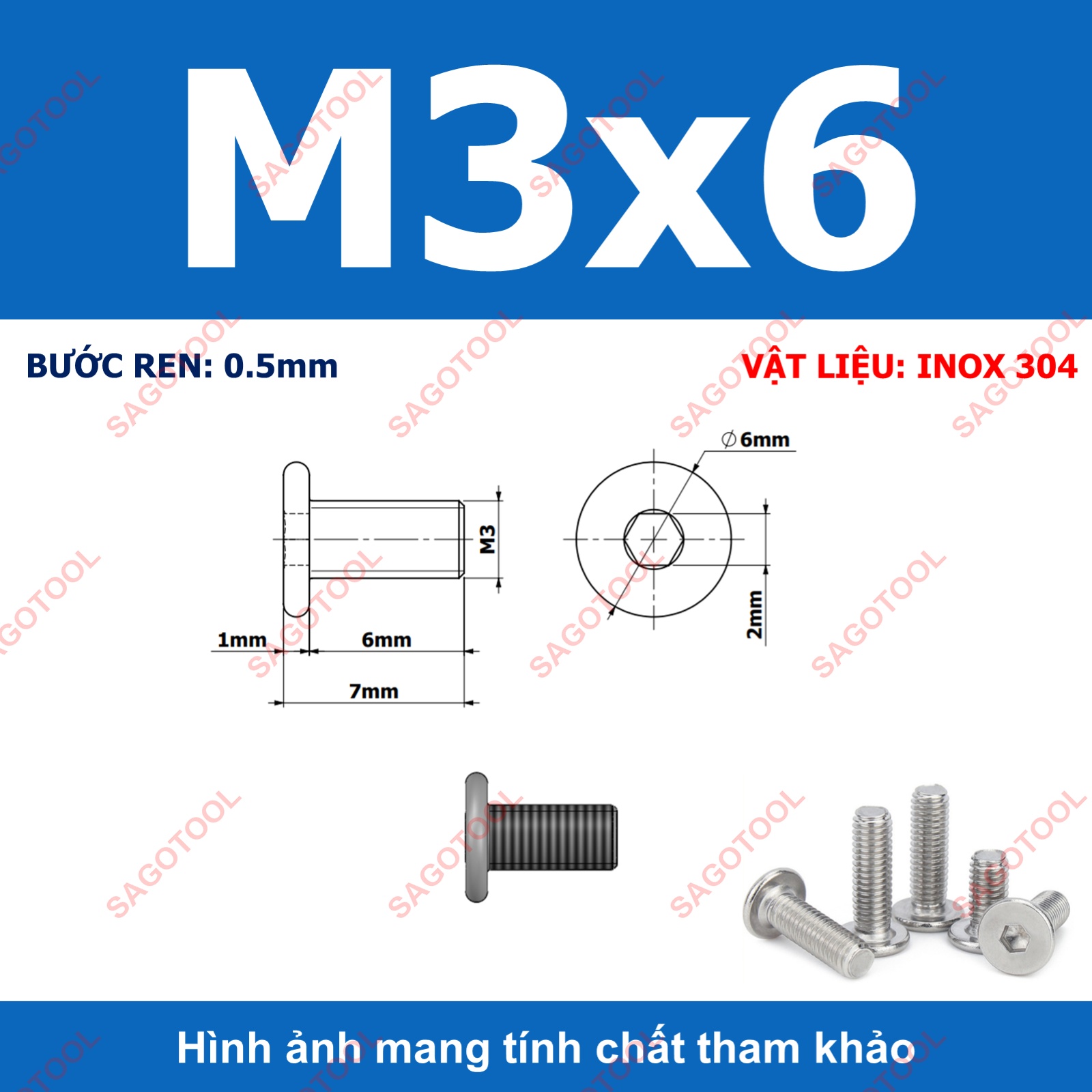 Ốc vít inox 304 đầu lục giác dẹp mỏng phẳng 3ly 4ly 5ly 6ly 8ly (10 con) - Ảnh 7