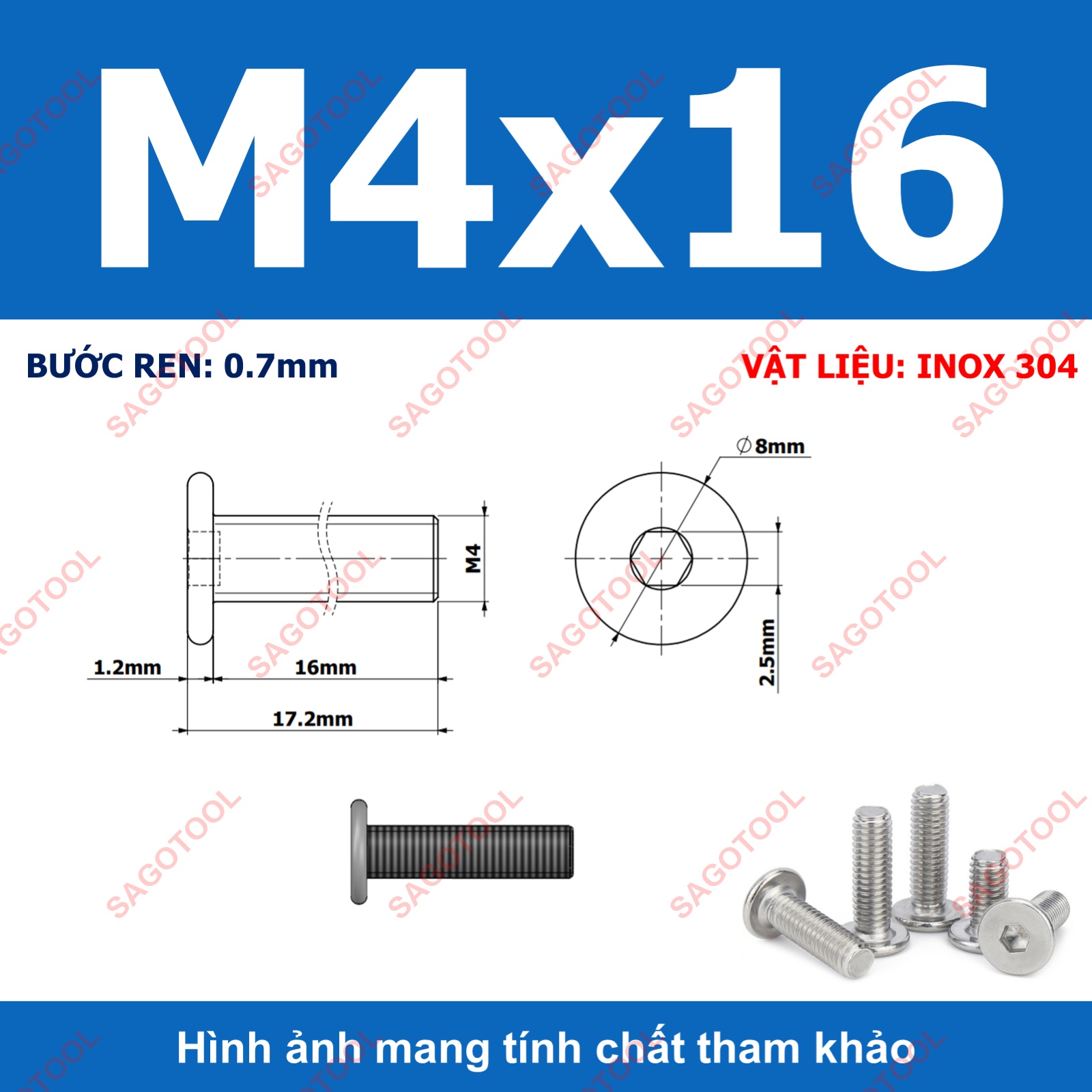 Ốc vít inox 304 đầu lục giác dẹp mỏng phẳng 3ly 4ly 5ly 6ly 8ly (10 con) - Ảnh 15