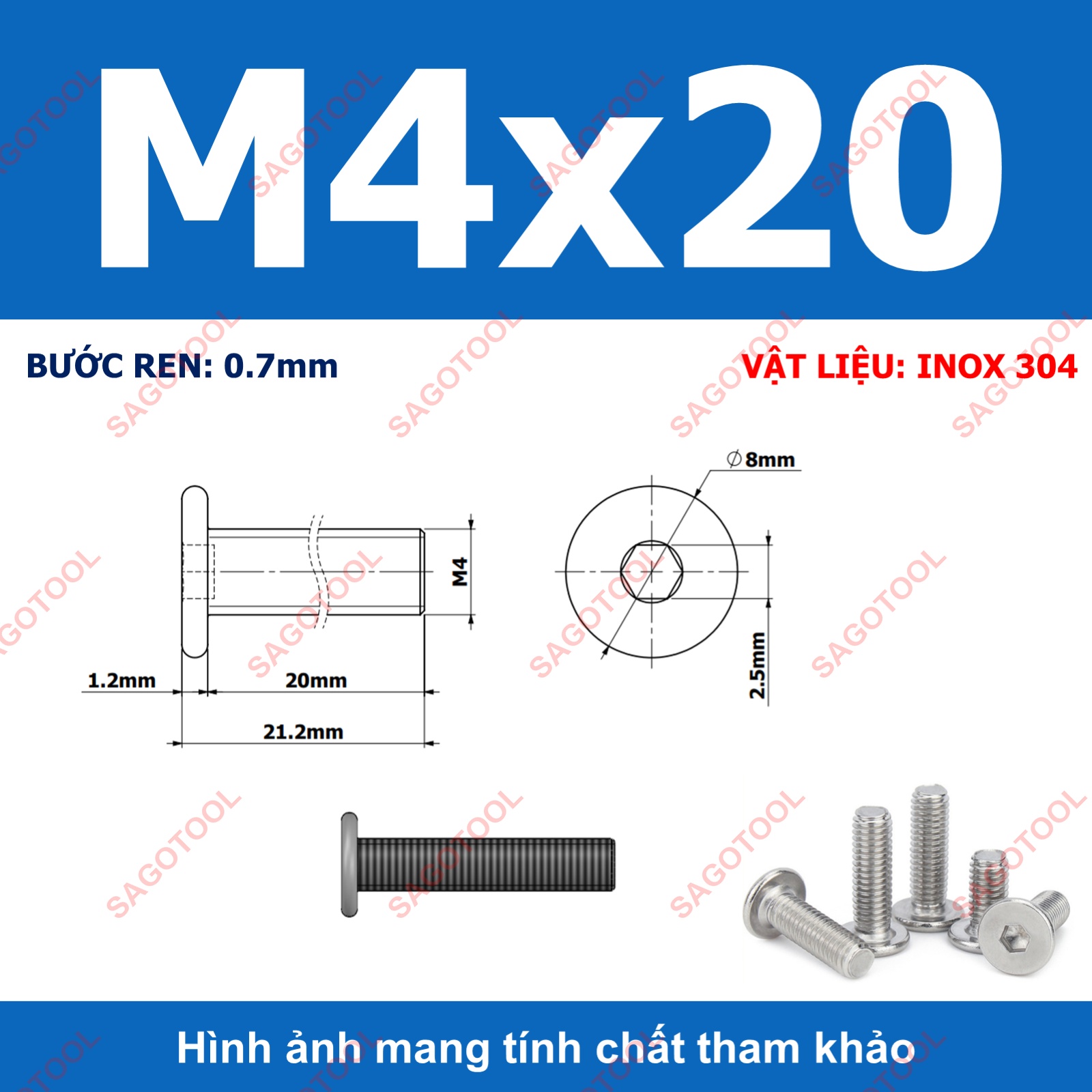 Ốc vít inox 304 đầu lục giác dẹp mỏng phẳng 3ly 4ly 5ly 6ly 8ly (10 con) - Ảnh 16