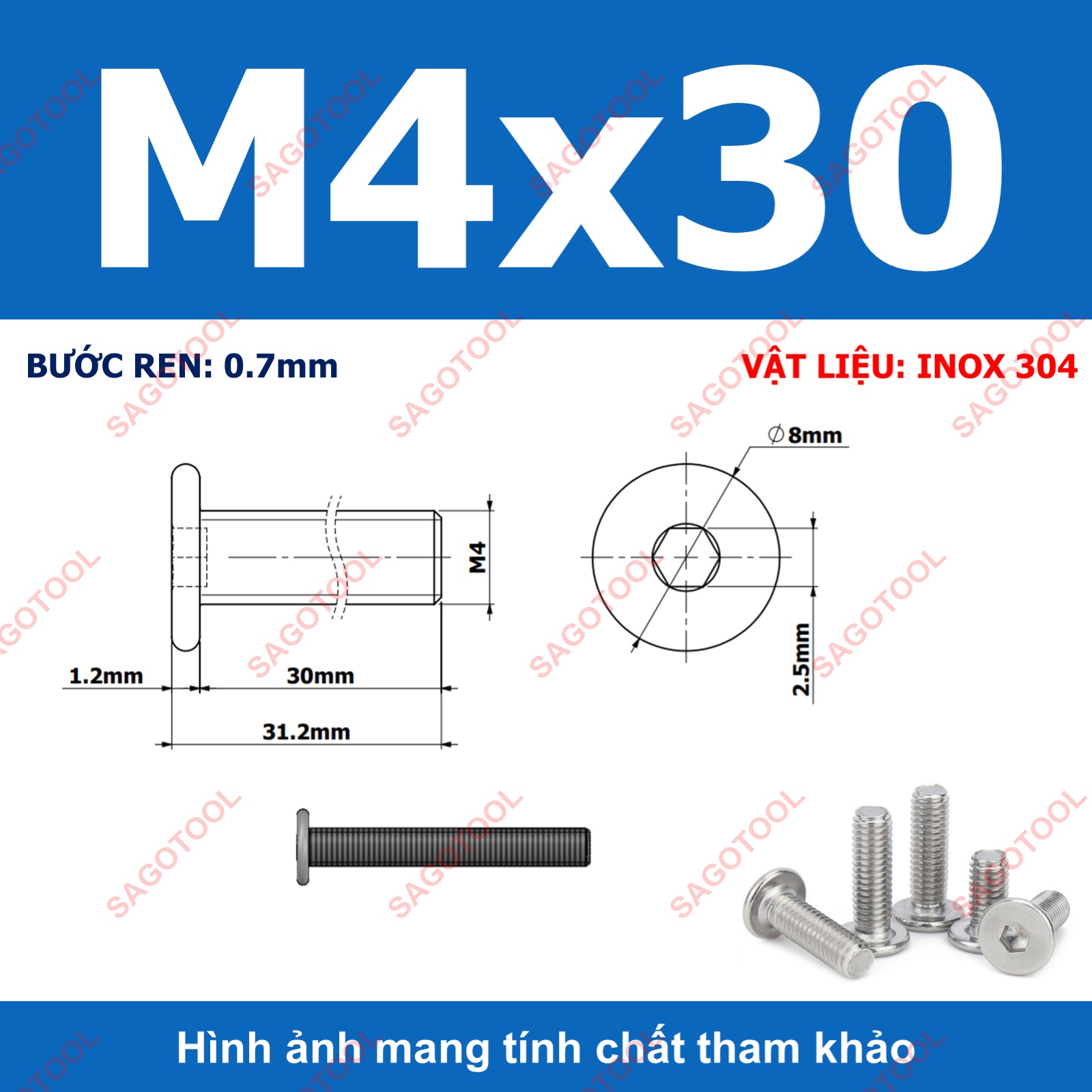 Ốc vít inox 304 đầu lục giác dẹp mỏng phẳng 3ly 4ly 5ly 6ly 8ly (10 con) - Ảnh 17