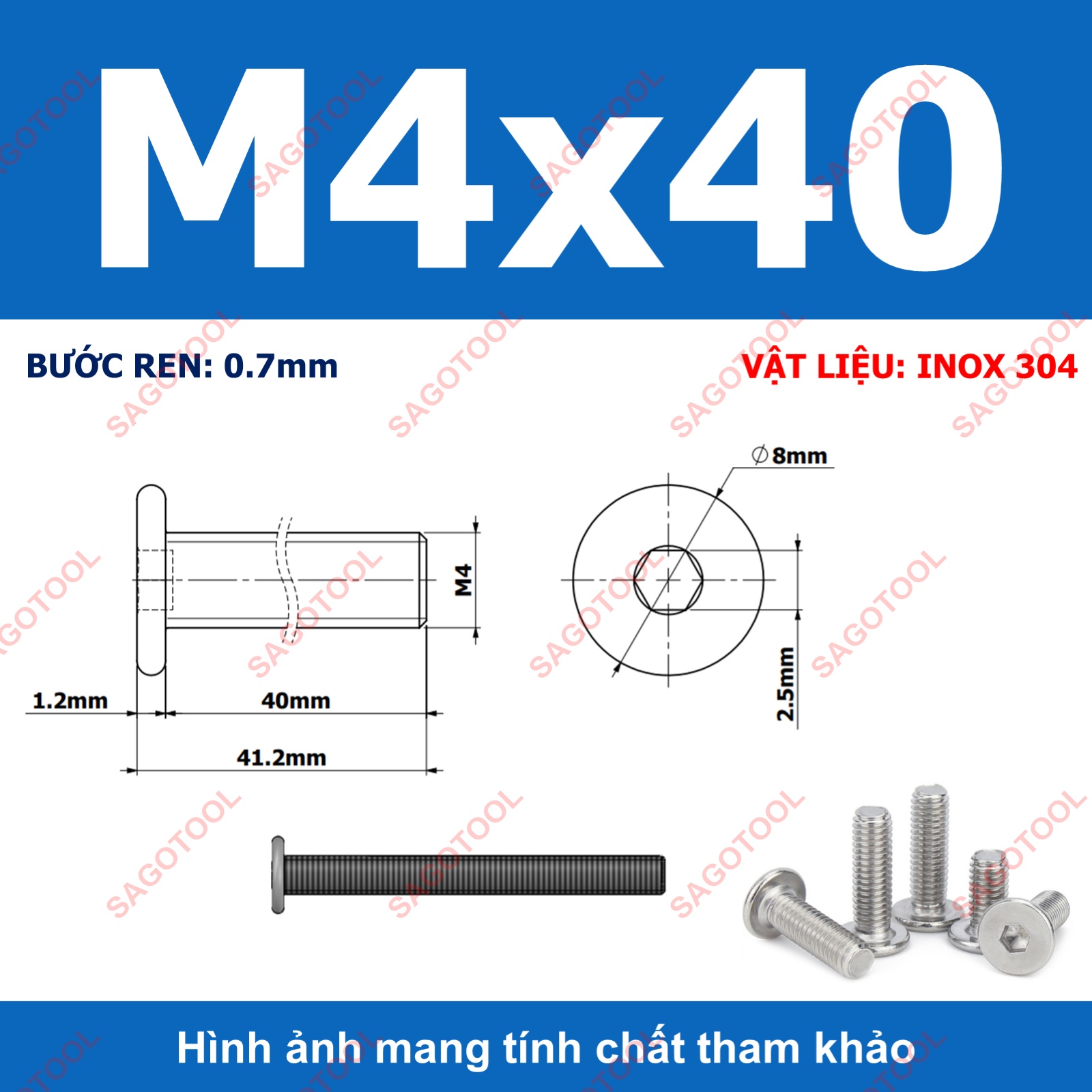 Ốc vít inox 304 đầu lục giác dẹp mỏng phẳng 3ly 4ly 5ly 6ly 8ly (10 con) - Ảnh 18