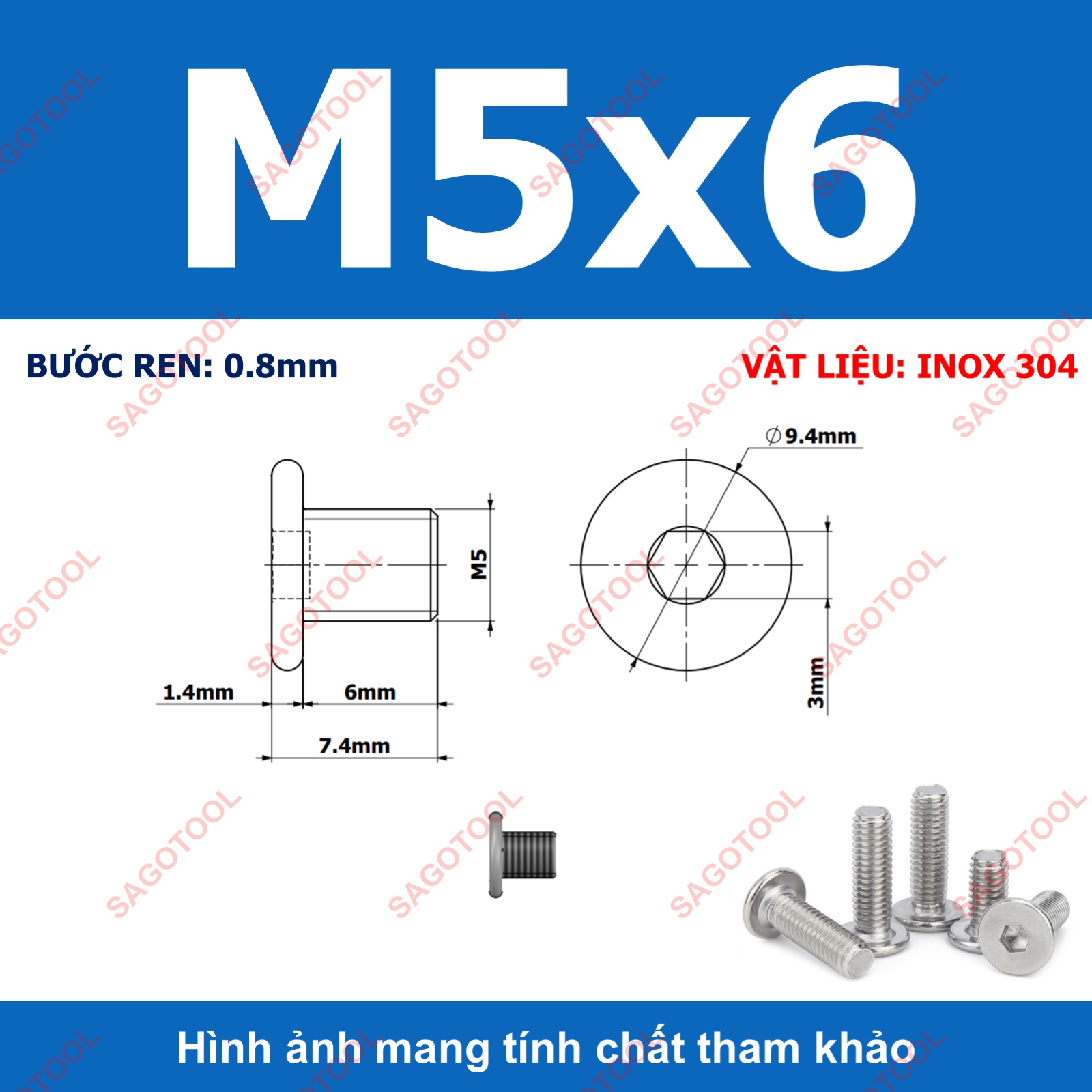 Ốc vít inox 304 đầu lục giác dẹp mỏng phẳng 3ly 4ly 5ly 6ly 8ly (10 con) - Ảnh 19