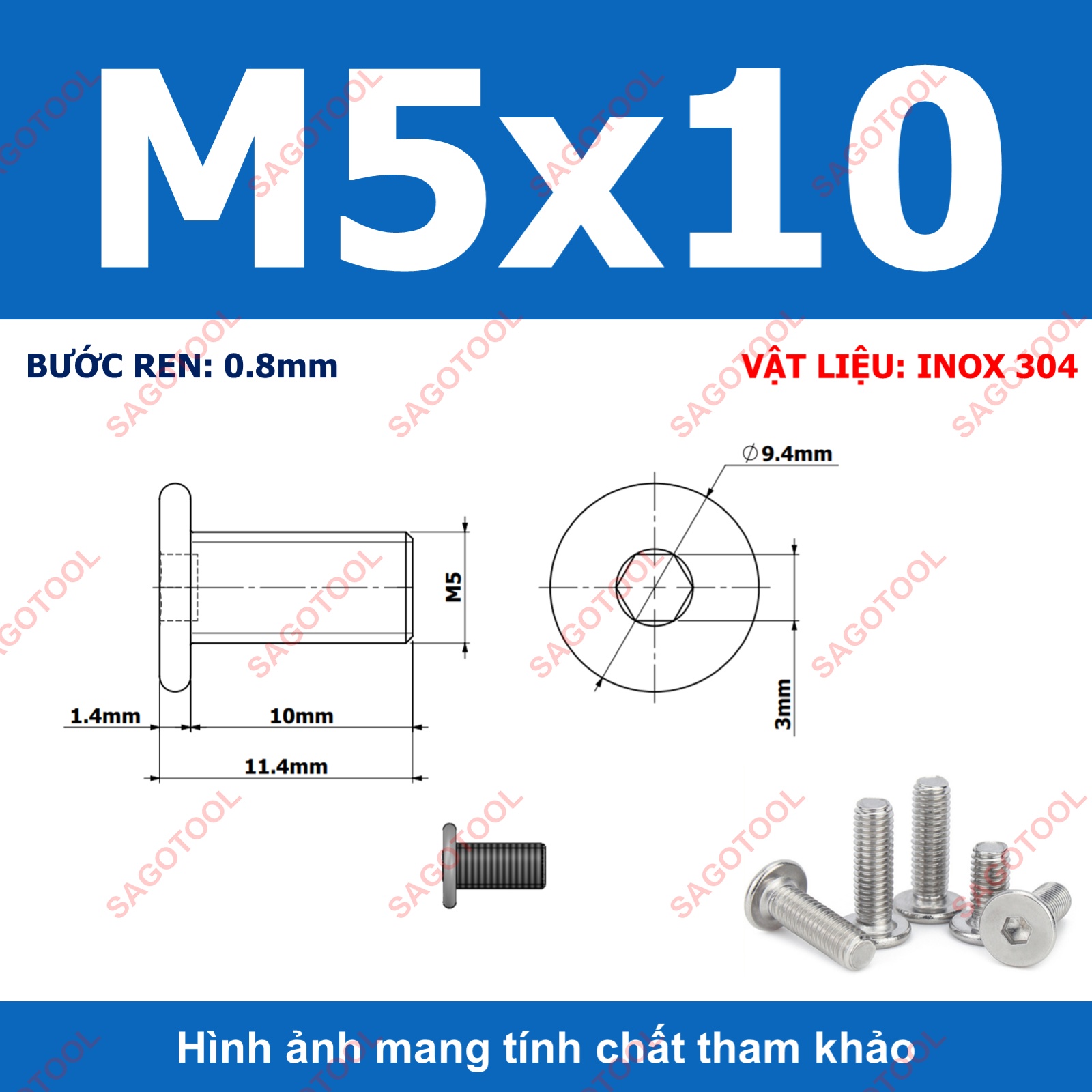 Ốc vít inox 304 đầu lục giác dẹp mỏng phẳng 3ly 4ly 5ly 6ly 8ly (10 con) - Ảnh 20