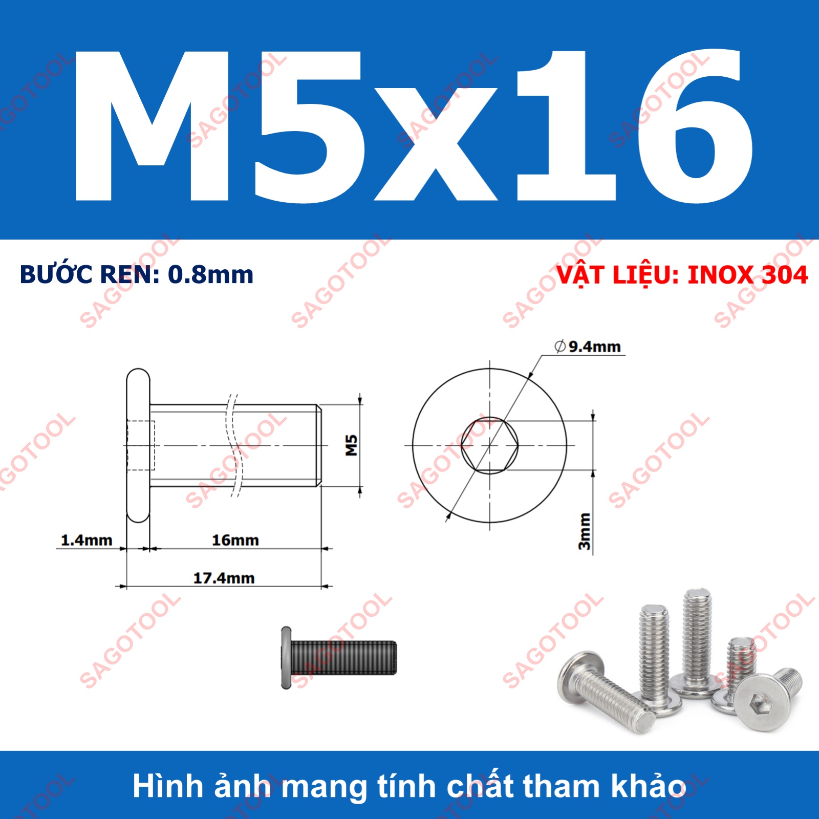 Ốc vít inox 304 đầu lục giác dẹp mỏng phẳng 3ly 4ly 5ly 6ly 8ly (10 con) - Ảnh 21