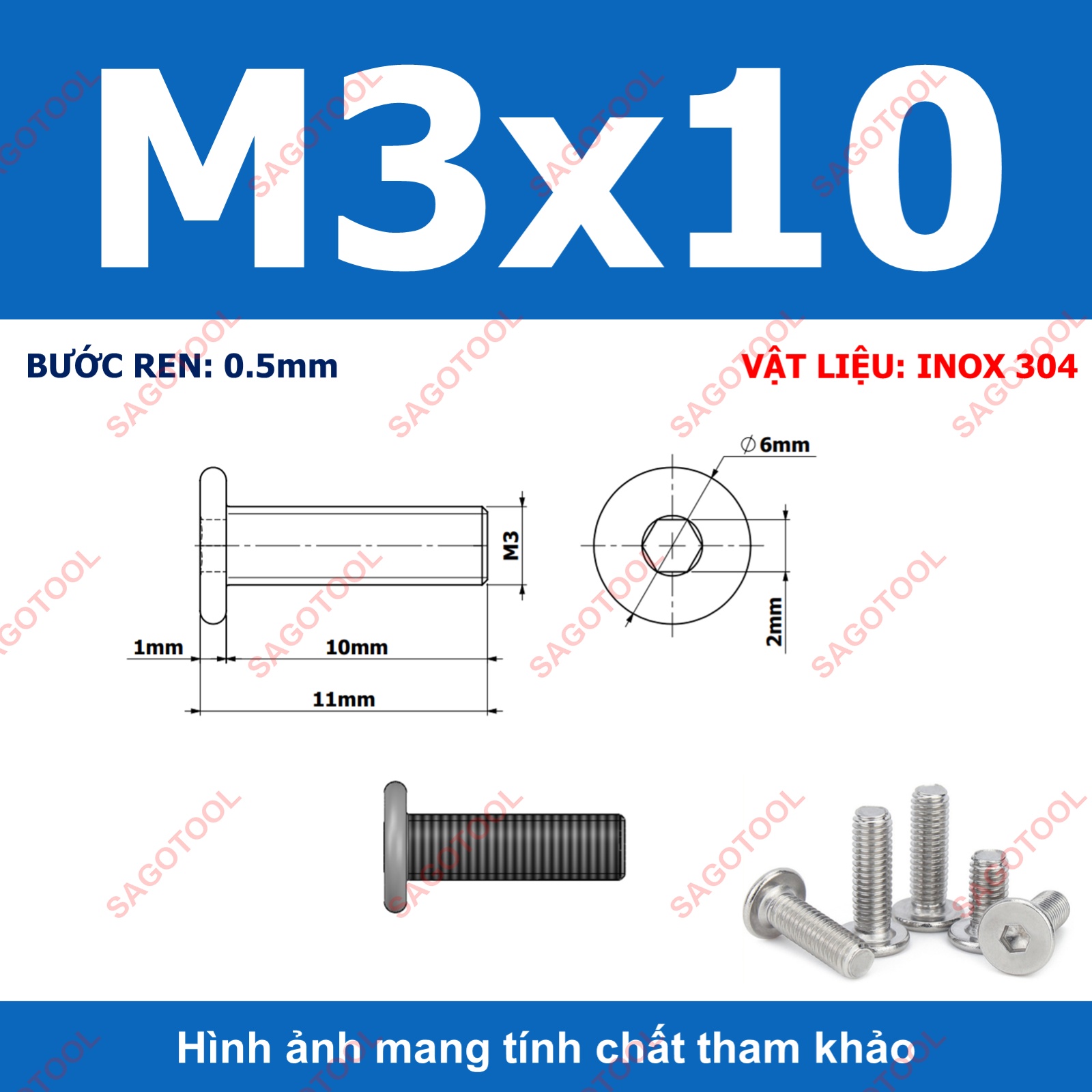 Ốc vít inox 304 đầu lục giác dẹp mỏng phẳng 3ly 4ly 5ly 6ly 8ly (10 con) - Ảnh 8