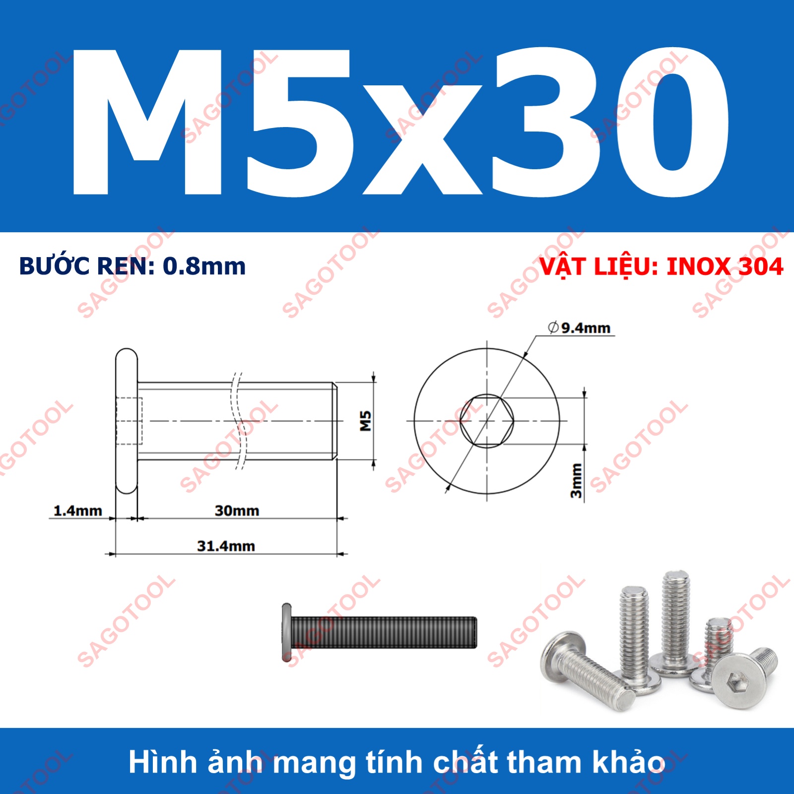 Ốc vít inox 304 đầu lục giác dẹp mỏng phẳng 3ly 4ly 5ly 6ly 8ly (10 con) - Ảnh 23