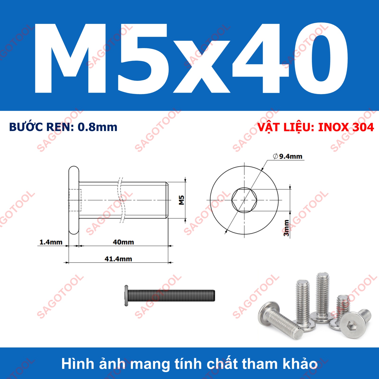 Ốc vít inox 304 đầu lục giác dẹp mỏng phẳng 3ly 4ly 5ly 6ly 8ly (10 con) - Ảnh 24