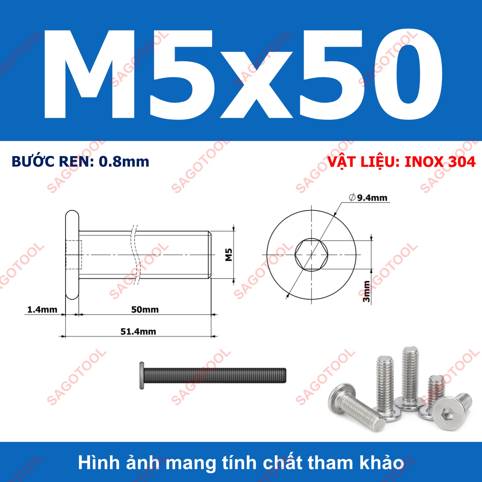 Ốc vít inox 304 đầu lục giác dẹp mỏng phẳng 3ly 4ly 5ly 6ly 8ly (10 con) - Ảnh 25
