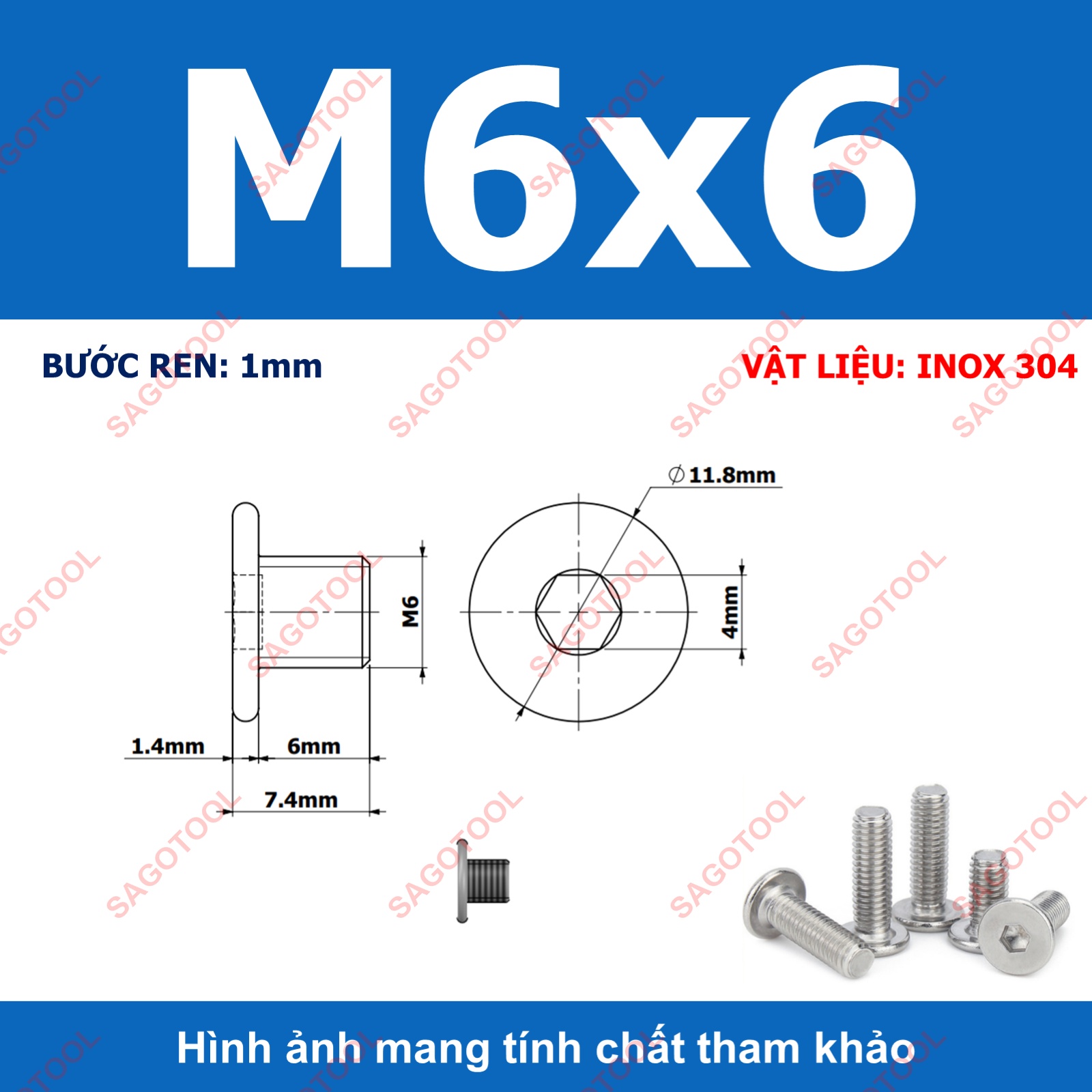 Ốc vít inox 304 đầu lục giác dẹp mỏng phẳng 3ly 4ly 5ly 6ly 8ly (10 con) - Ảnh 26