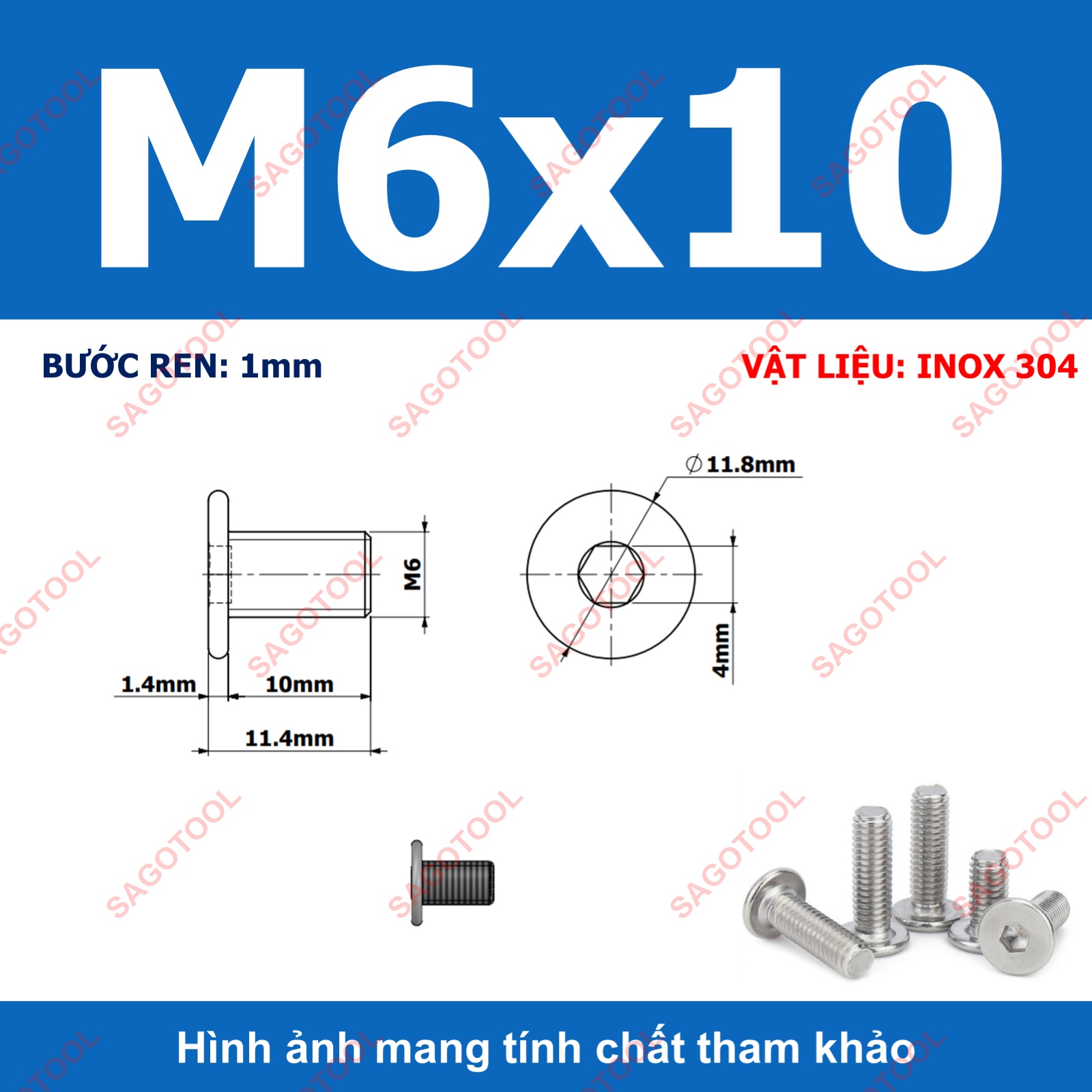 Ốc vít inox 304 đầu lục giác dẹp mỏng phẳng 3ly 4ly 5ly 6ly 8ly (10 con) - Ảnh 27